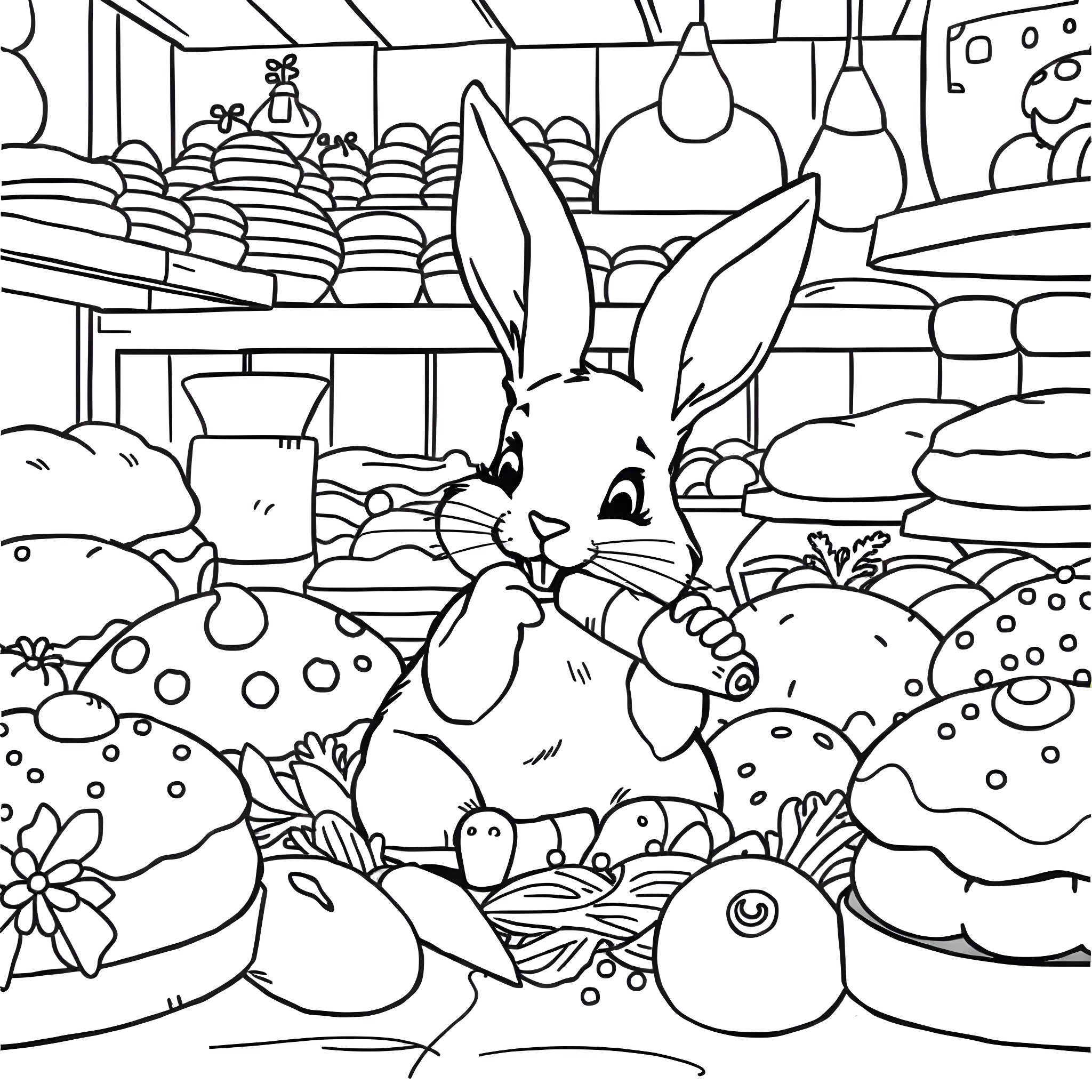 Bunny Exploring a Bustling Vegetable Garden Coloring Page (free black-and-white line drawing printable PDF for all, from beginners to advanced learners, including children, teens, adults, and seniors)