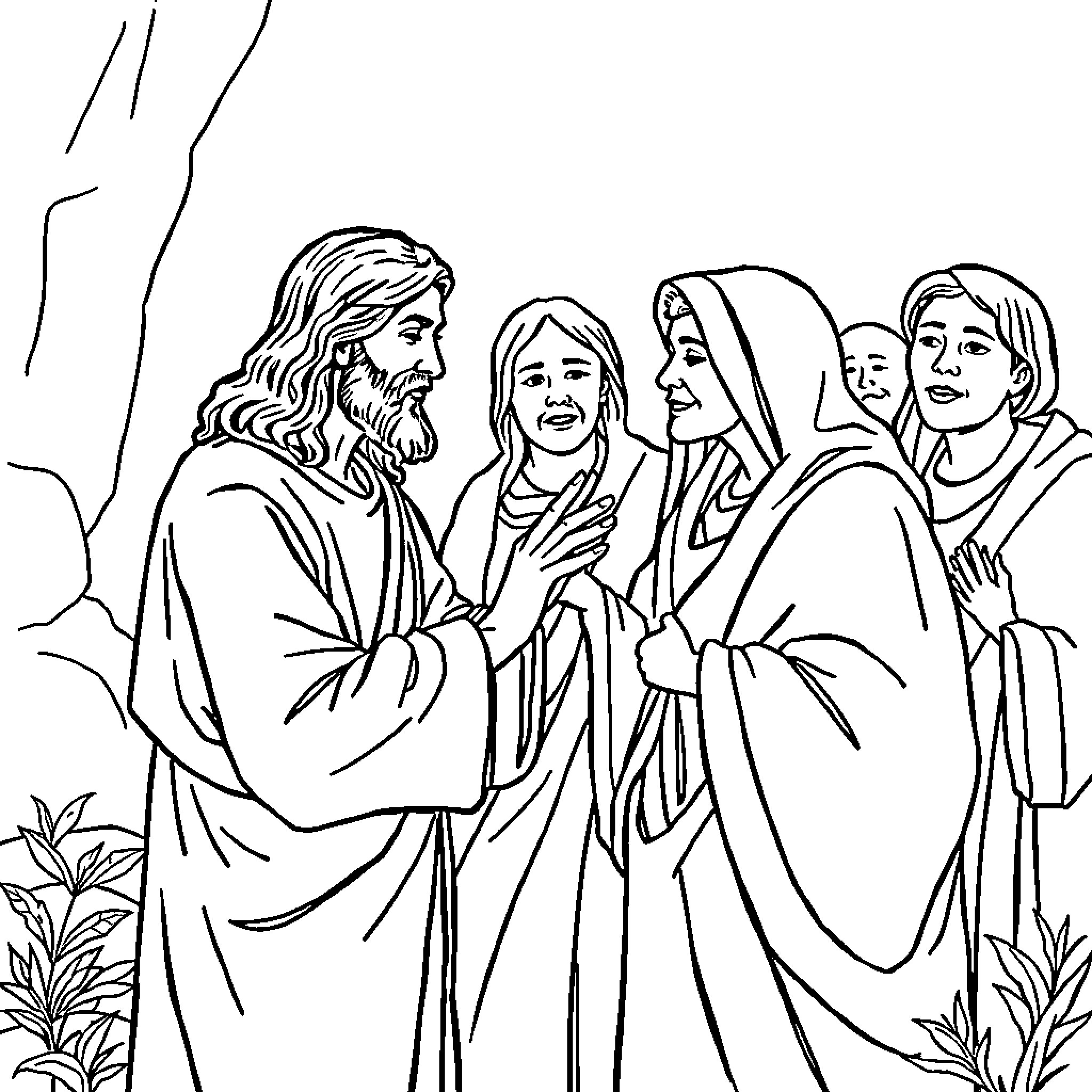 Jesus teaching and interacting with his followers Coloring Page (free black-and-white line drawing printable PDF for all, from beginners to advanced learners, including children, teens, adults, and seniors)