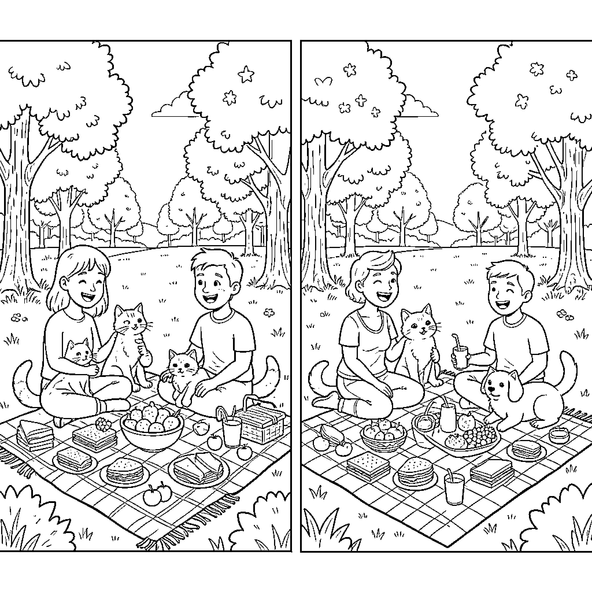 Family enjoying a picnic in the park Coloring Page (free black-and-white line drawing printable PDF for all, from beginners to advanced learners, including children, teens, adults, and seniors)