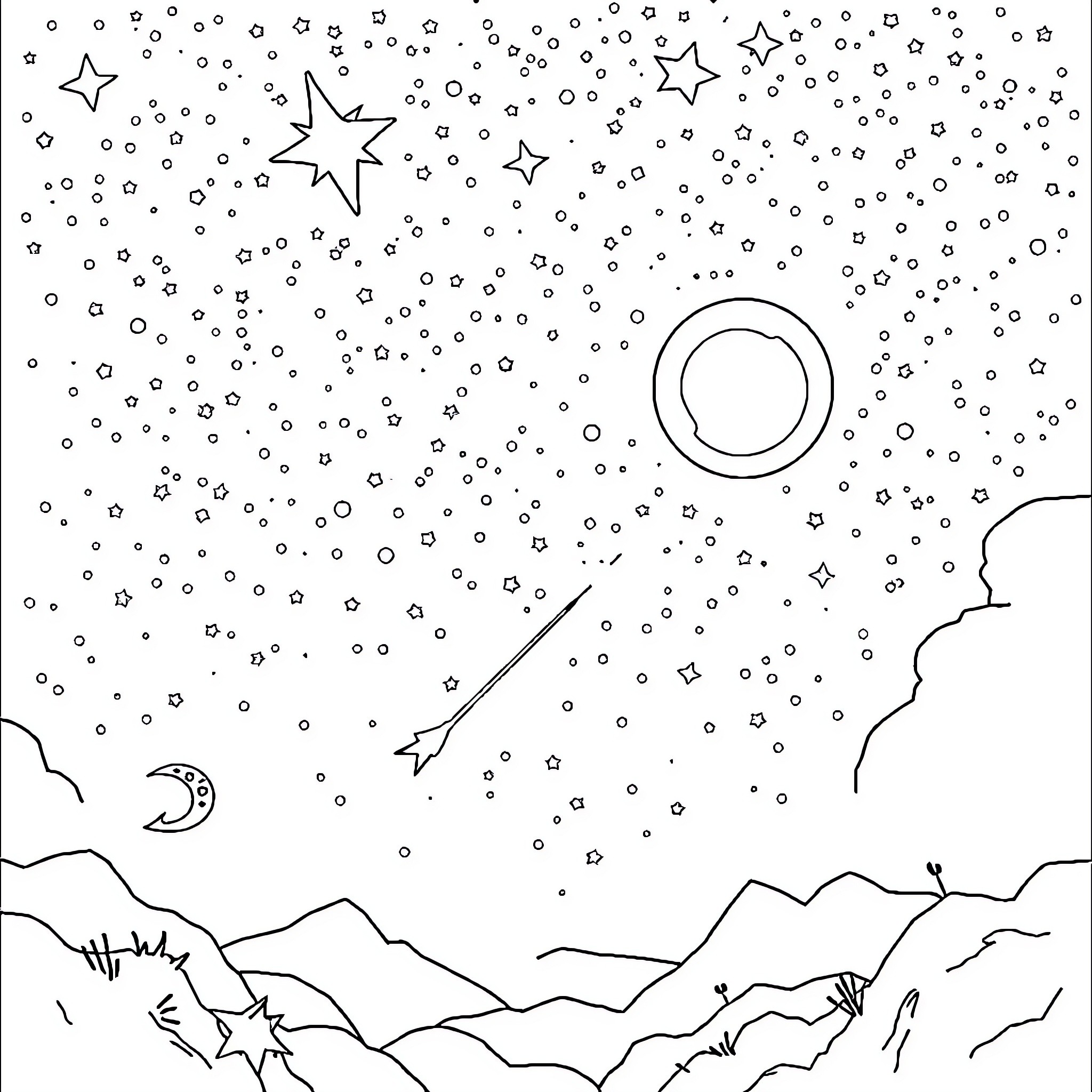 Skeleton Starry Night Sky with Crescent Moon Coloring Page (free black-and-white line drawing printable PDF for all, from beginners to advanced learners, including children, teens, adults, and seniors)