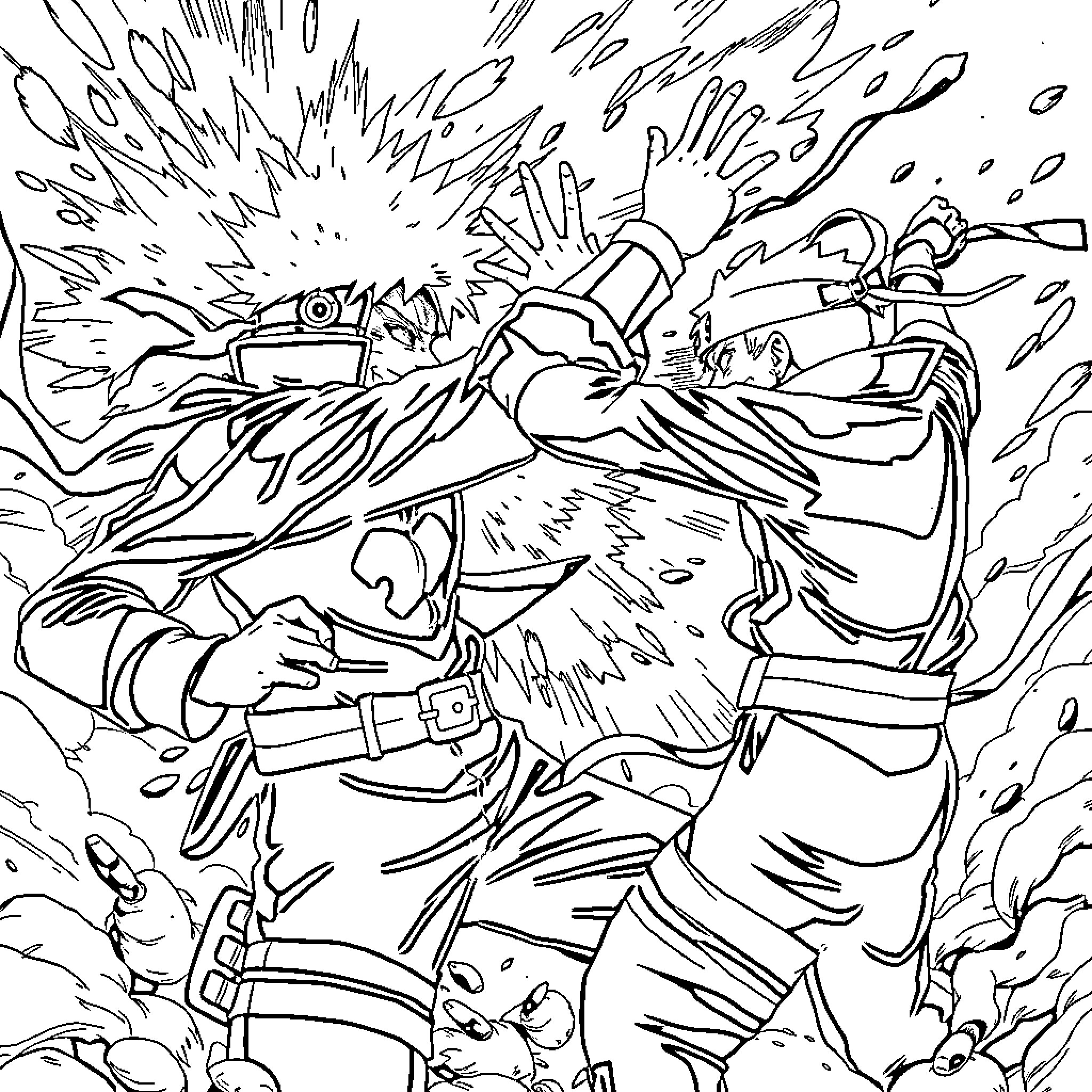 Bakugo in an intense battle scene Coloring Page (free black-and-white line drawing printable PDF for all, from beginners to advanced learners, including children, teens, adults, and seniors)