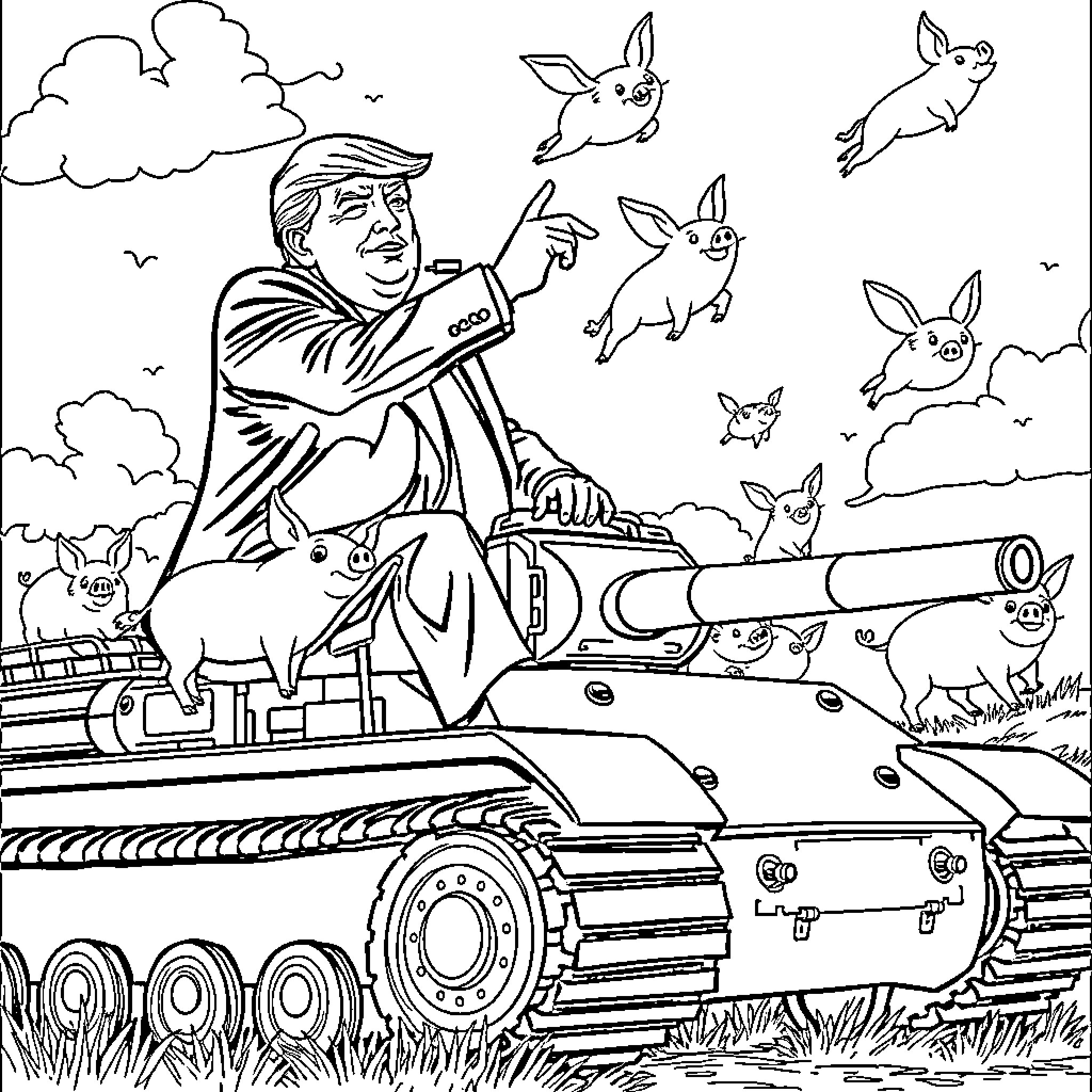 Donald Trump surrounded by rabbits on a tank Coloring Page (free black-and-white line drawing printable PDF for all, from beginners to advanced learners, including children, teens, adults, and seniors)