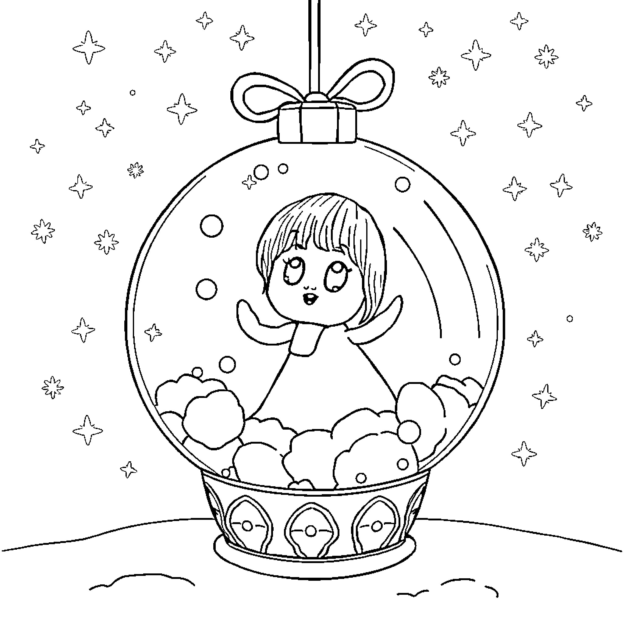 Boneca playing happily in a snow globe Coloring Page (free black-and-white line drawing printable PDF for all, from beginners to advanced learners, including children, teens, adults, and seniors)