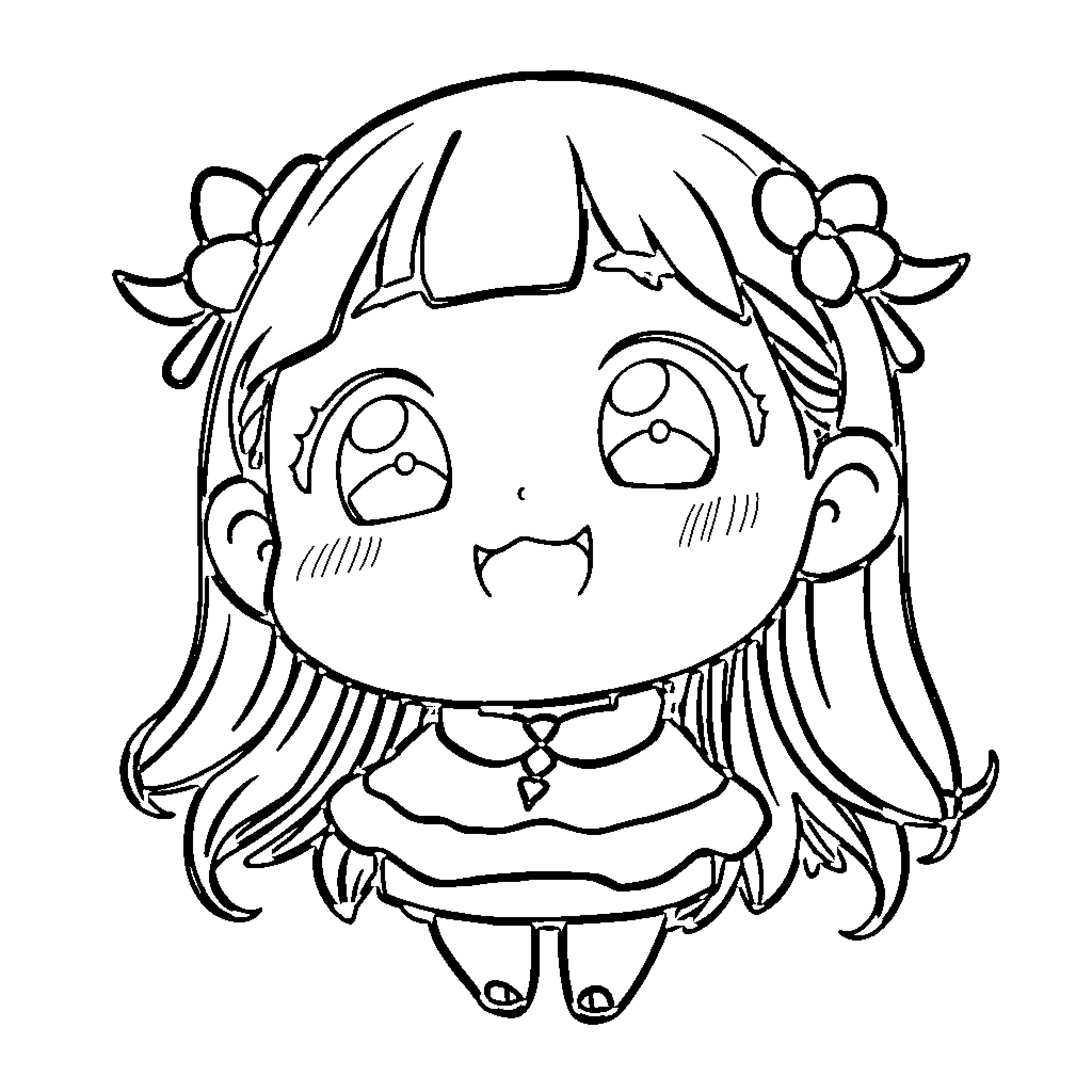 Nezuko in a cute, expressive pose with flowers Coloring Page (free black-and-white line drawing printable PDF for all, from beginners to advanced learners, including children, teens, adults, and seniors)