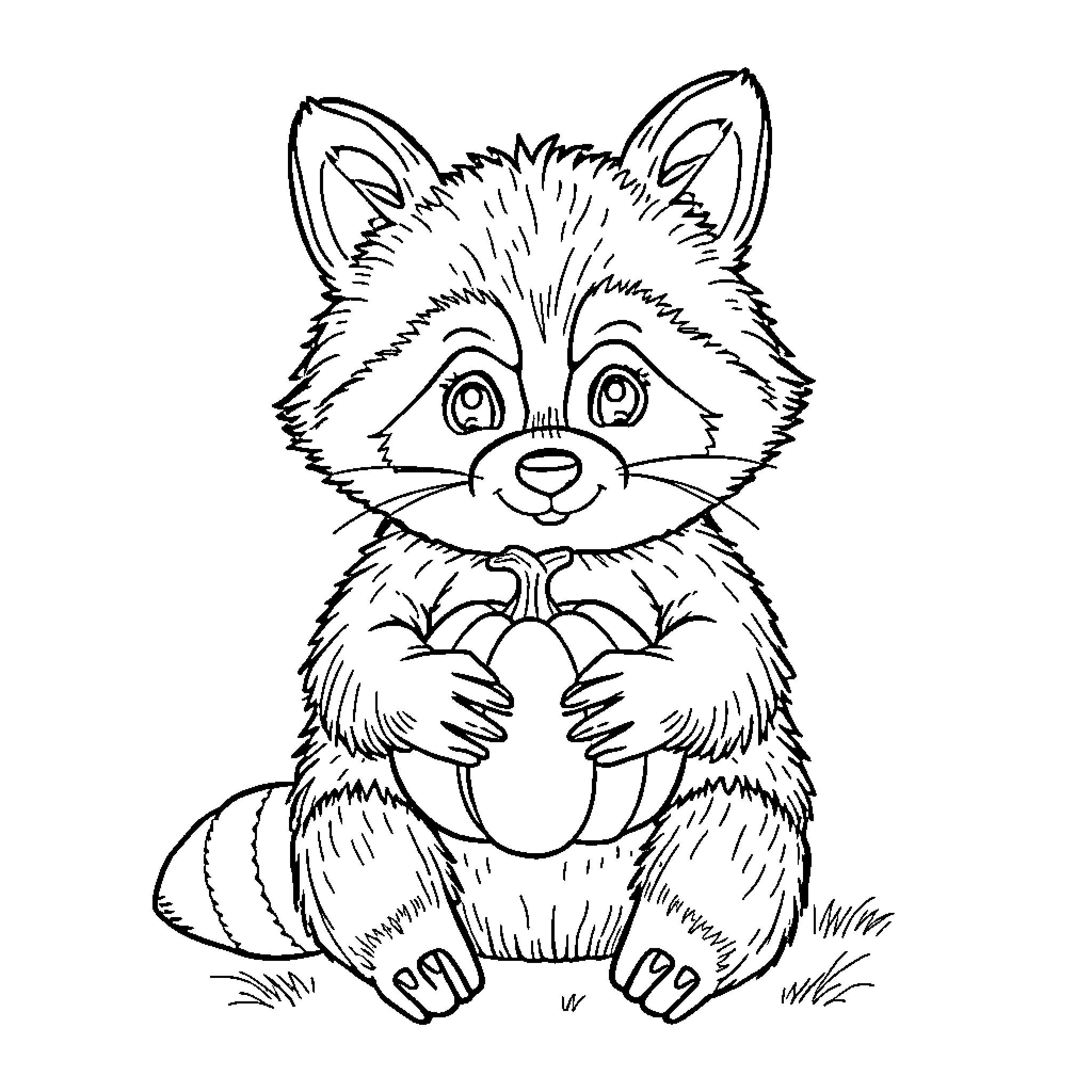 Raccoon sitting happily with paws together Coloring Page (free black-and-white line drawing printable PDF for all, from beginners to advanced learners, including children, teens, adults, and seniors)
