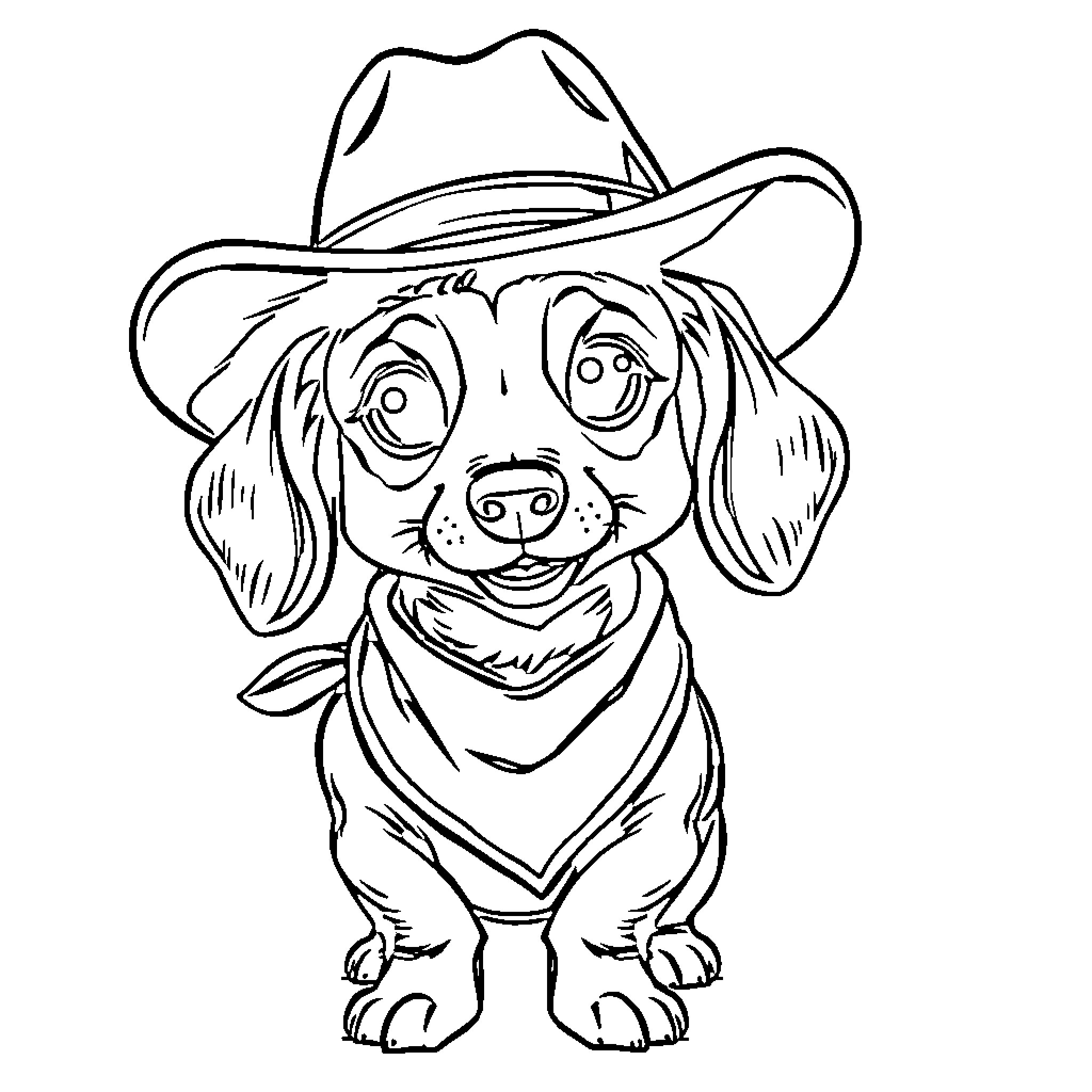 Dachshund dressed as a cowboy Coloring Page (free black-and-white line drawing printable PDF for all, from beginners to advanced learners, including children, teens, adults, and seniors)