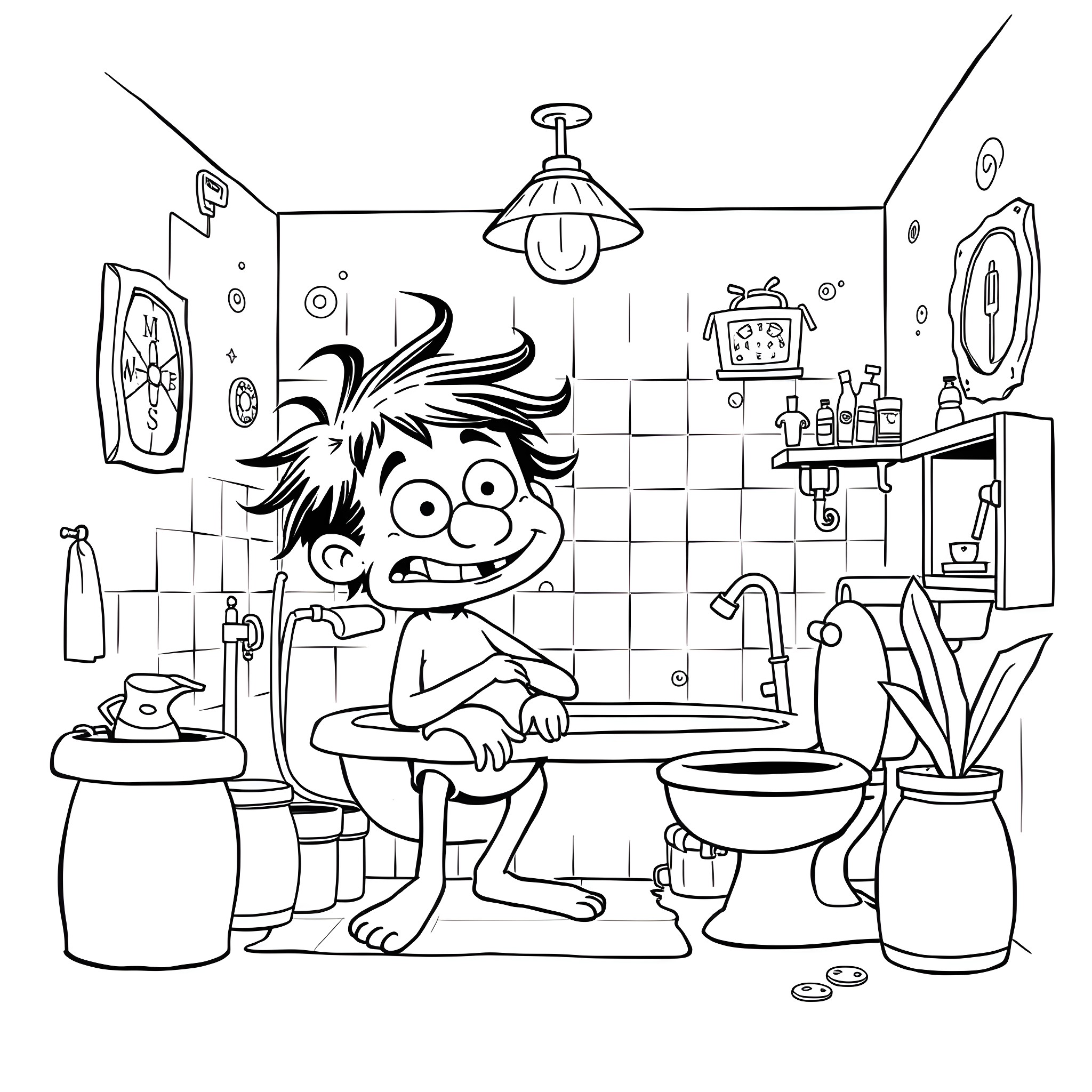 Hemorrhoid Trouble in the Bathroom Coloring Page (free black-and-white line drawing printable PDF for all, from beginners to advanced learners, including children, teens, adults, and seniors)