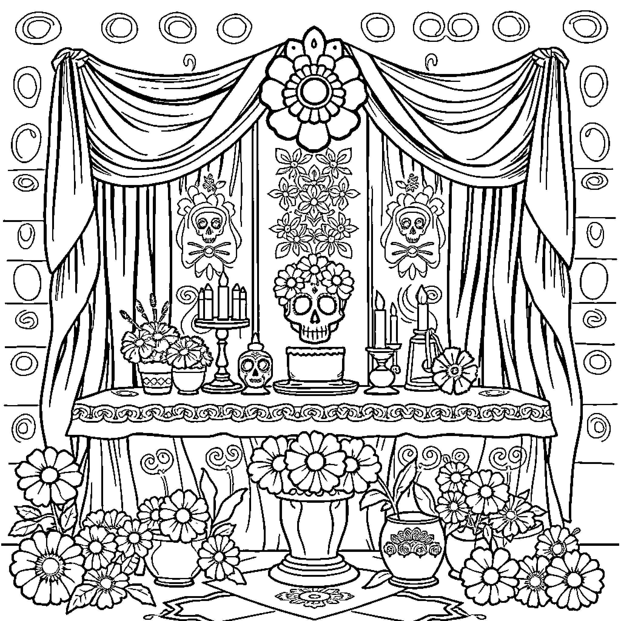 Dia de Muertos - Ornate Shrine with Skulls and Flowers Coloring Page (free black-and-white line drawing printable PDF for all, from beginners to advanced learners, including children, teens, adults, and seniors)