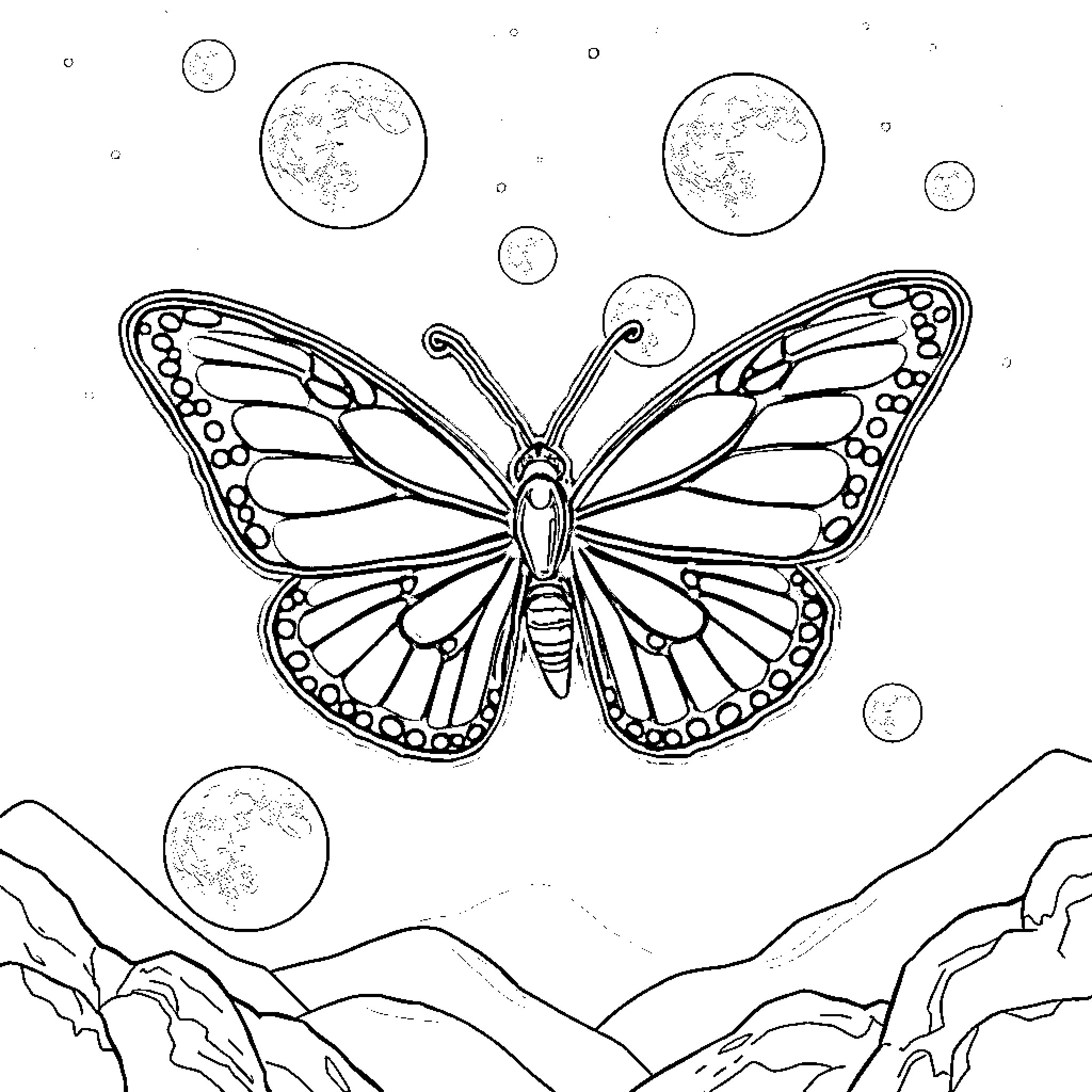 Butterfly in a surreal landscape Coloring Page (free black-and-white line drawing printable PDF for all, from beginners to advanced learners, including children, teens, adults, and seniors)