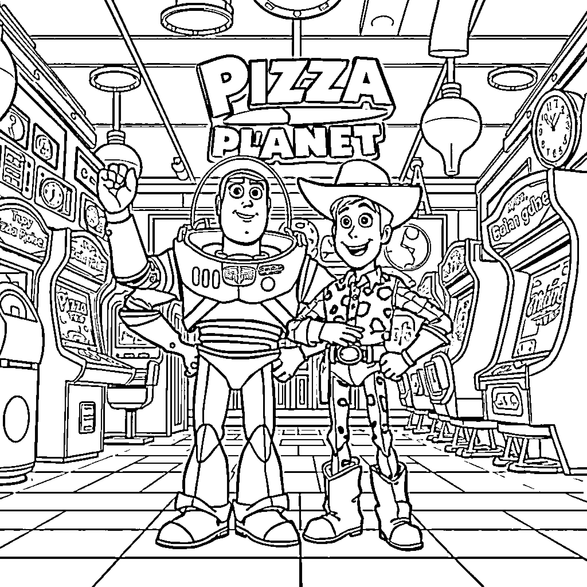 Buzz and Woody exploring the Pizza Planet arcade Coloring Page (free black-and-white line drawing printable PDF for all, from beginners to advanced learners, including children, teens, adults, and seniors)