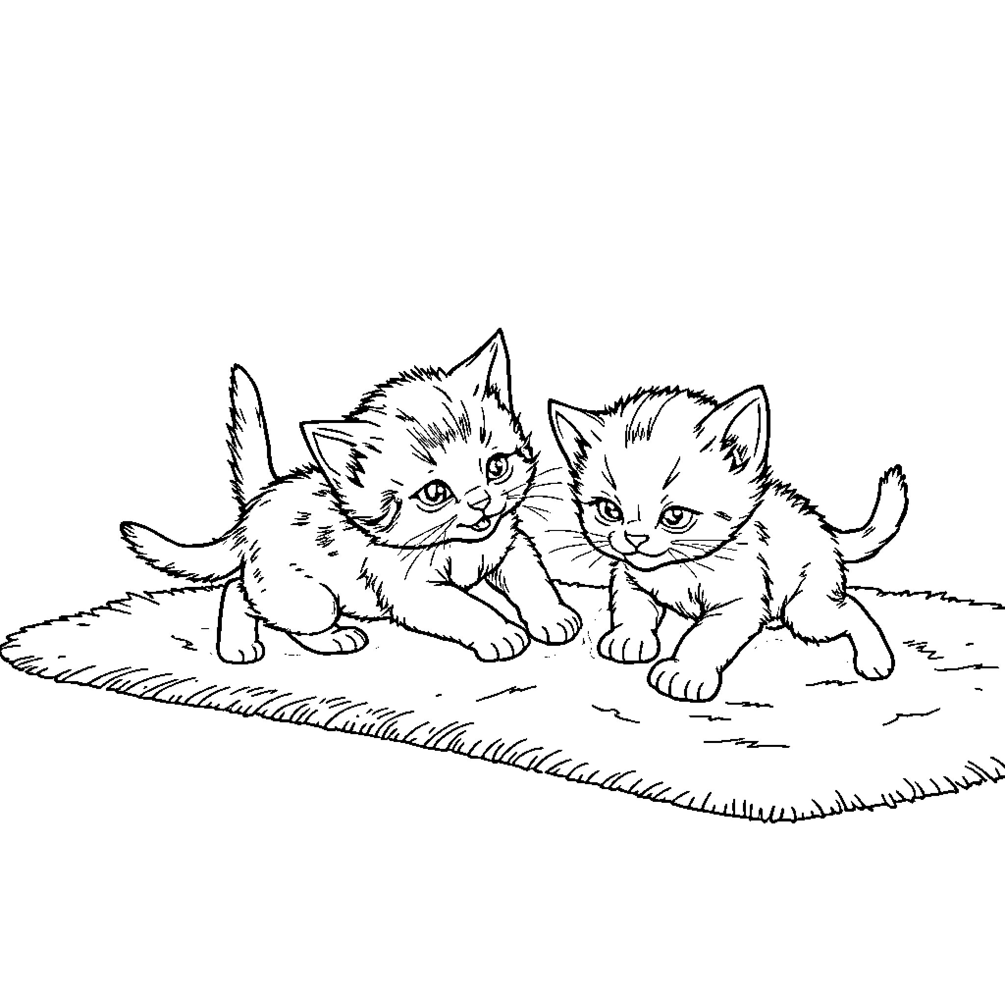 Kitten Buddies Playing on Grass Coloring Page (free black-and-white line drawing printable PDF for all, from beginners to advanced learners, including children, teens, adults, and seniors)