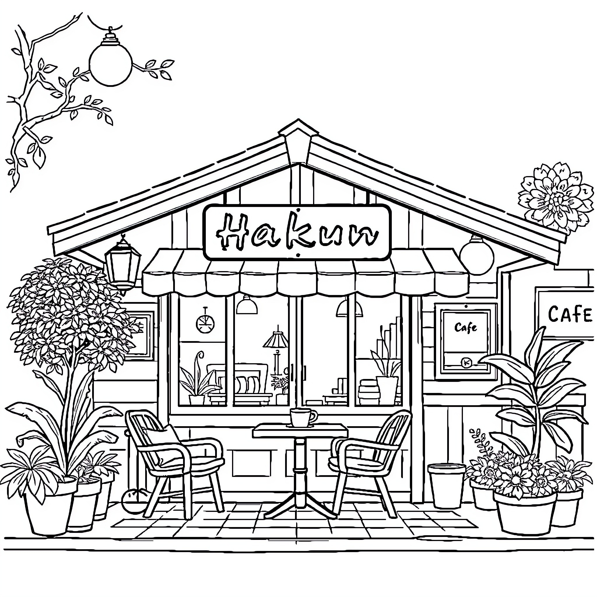 Hakaneun Quaint Cafe with Cozy Outdoor Seating Coloring Page (free black-and-white line drawing printable PDF for all, from beginners to advanced learners, including children, teens, adults, and seniors)