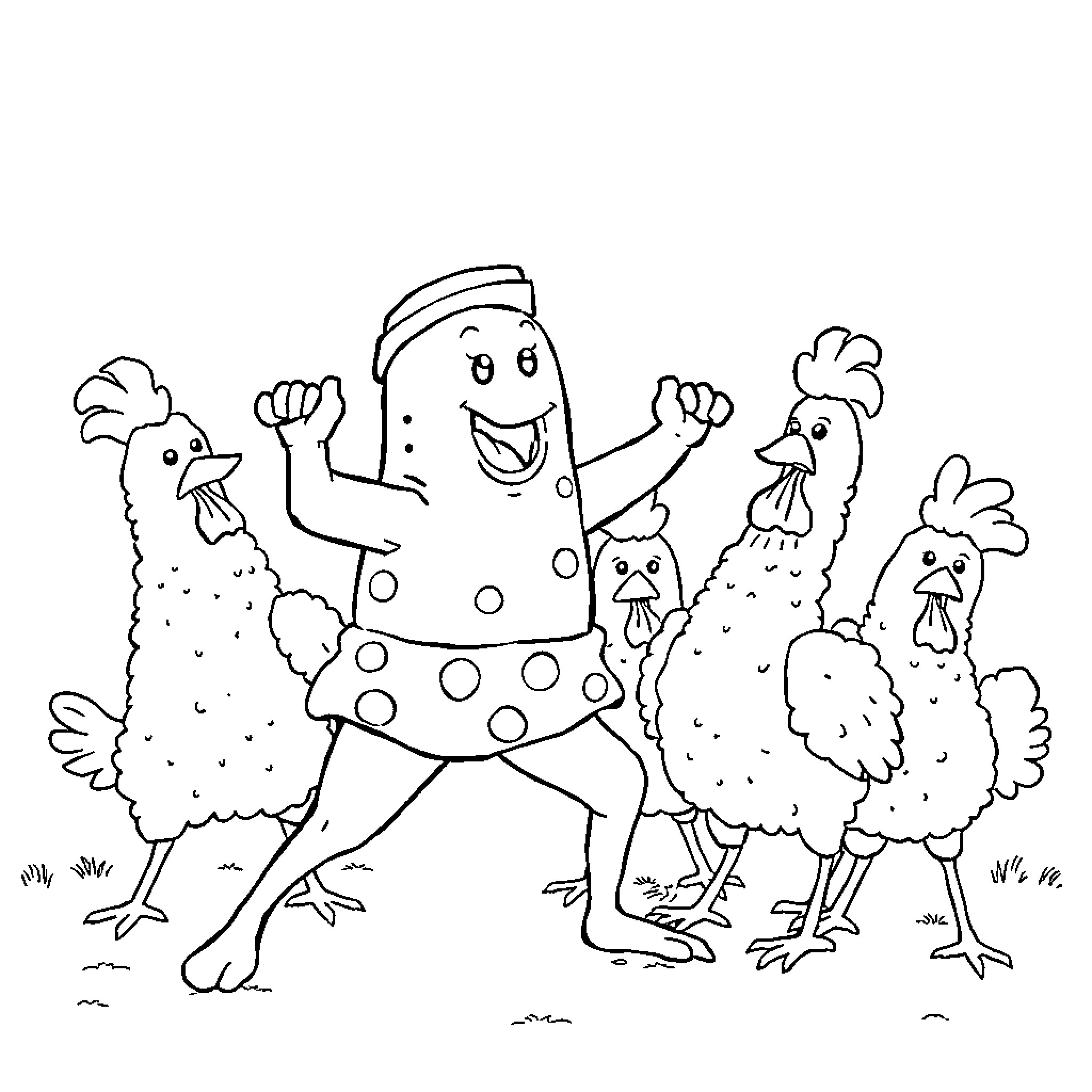 Doughman dancing joyfully with chickens Coloring Page (free black-and-white line drawing printable PDF for all, from beginners to advanced learners, including children, teens, adults, and seniors)