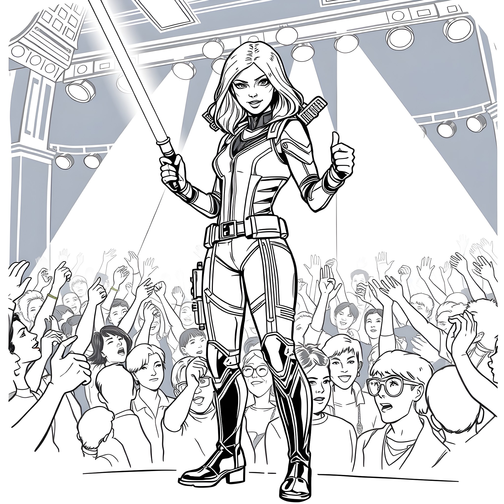 Black Widow's action-packed performance on stage Coloring Page (free black-and-white line drawing printable PDF for all, from beginners to advanced learners, including children, teens, adults, and seniors)