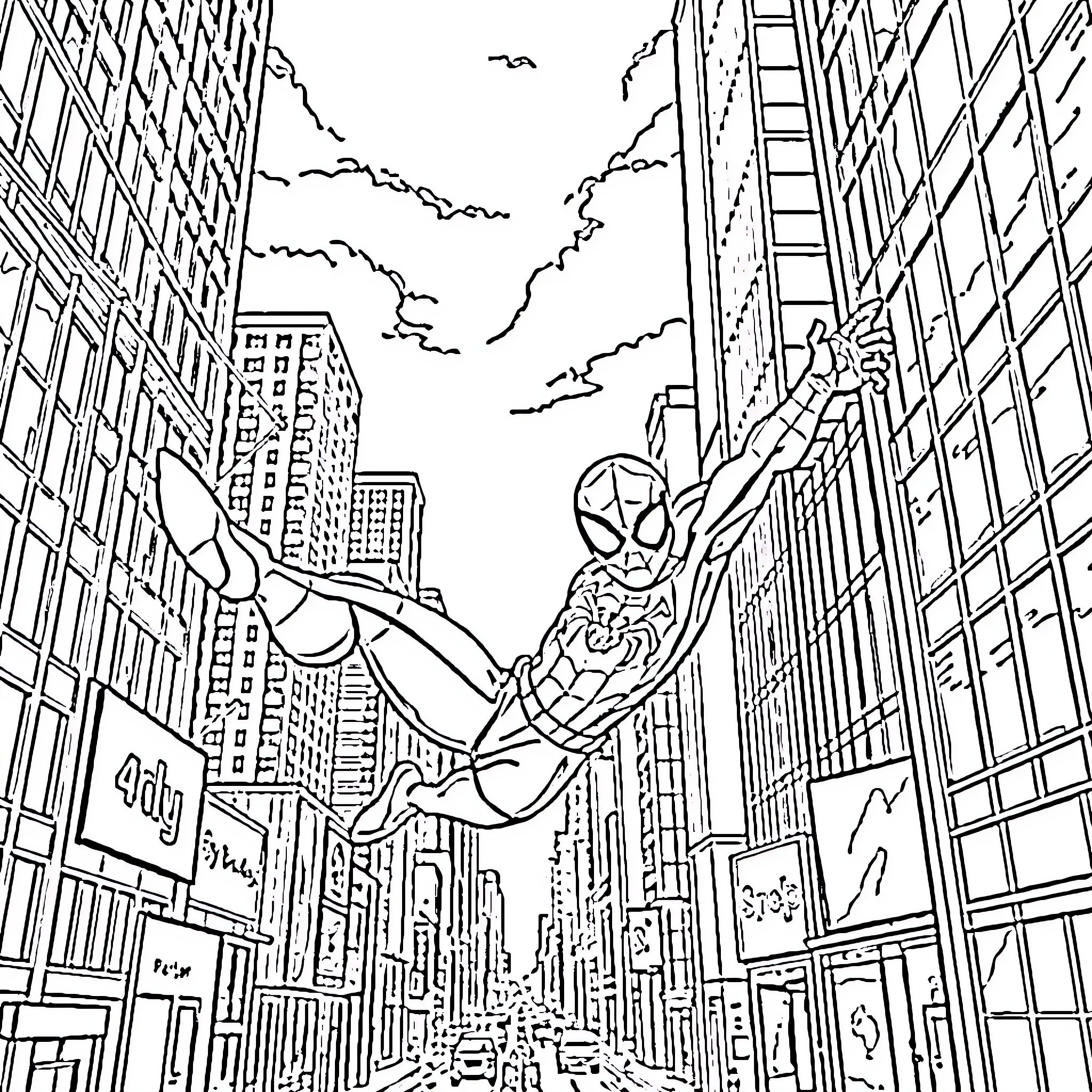 Spider-Man swinging through the city streets Coloring Page (free black-and-white line drawing printable PDF for all, from beginners to advanced learners, including children, teens, adults, and seniors)