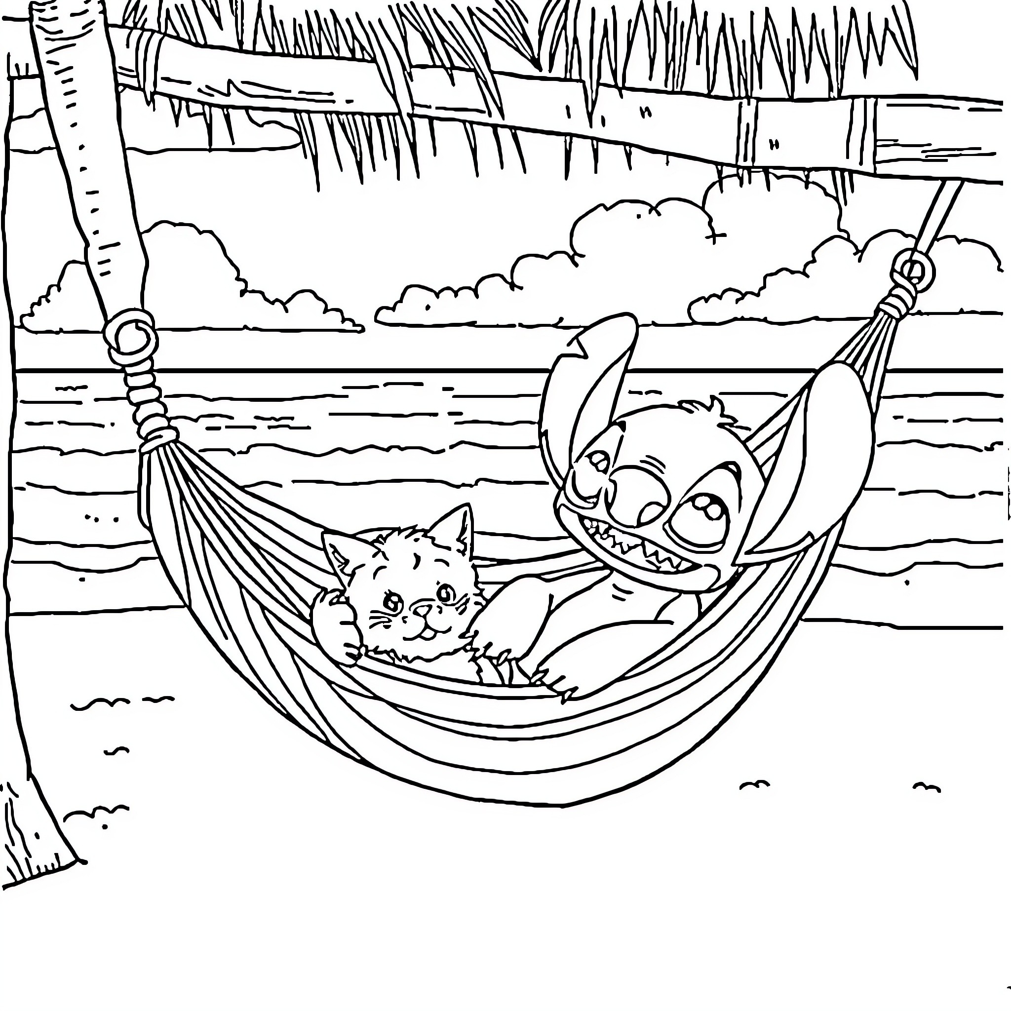 Stitch and cat relaxing in a hammock by the ocean Coloring Page (free black-and-white line drawing printable PDF for all, from beginners to advanced learners, including children, teens, adults, and seniors)