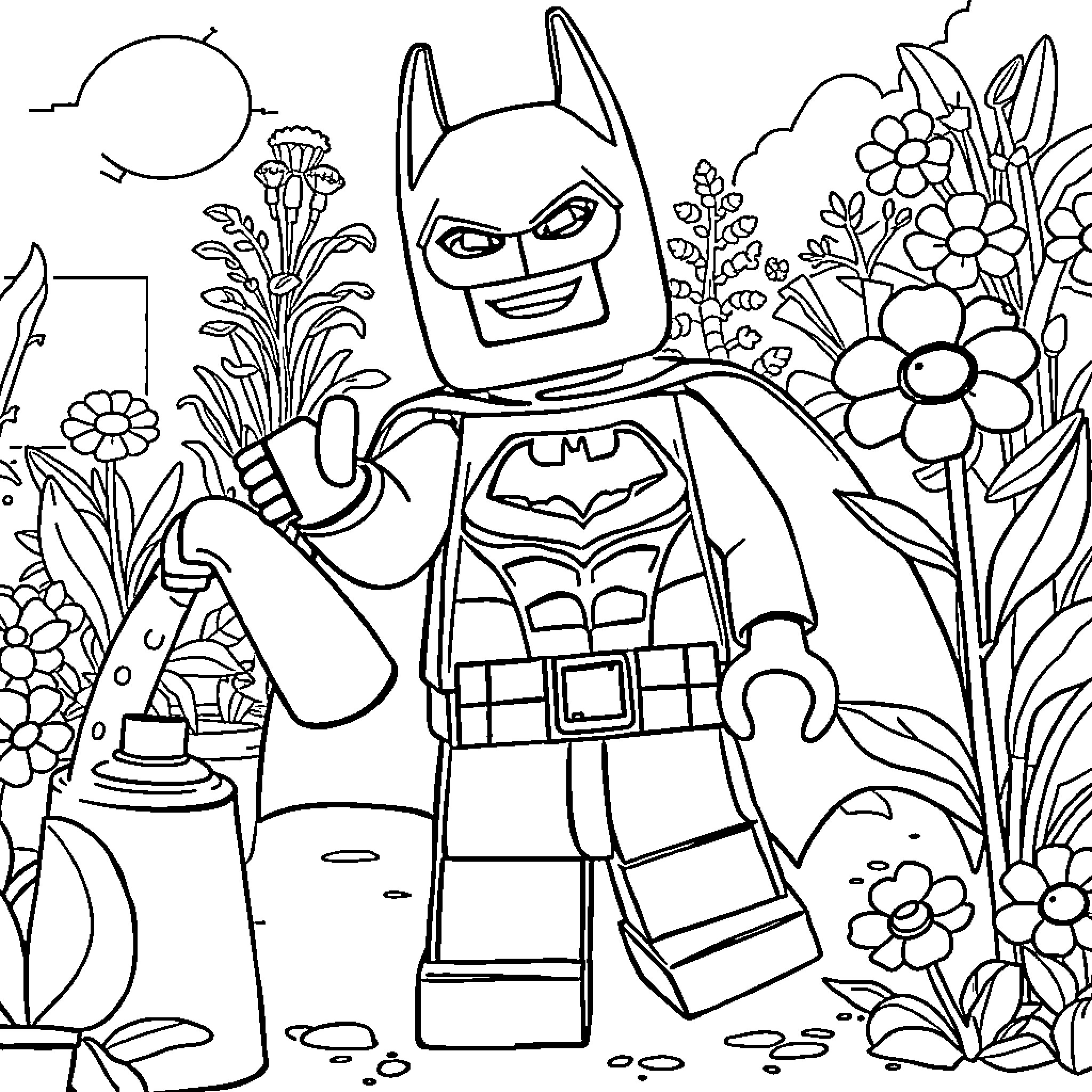 Lego Batman adventuring in a floral landscape Coloring Page (free black-and-white line drawing printable PDF for all, from beginners to advanced learners, including children, teens, adults, and seniors)