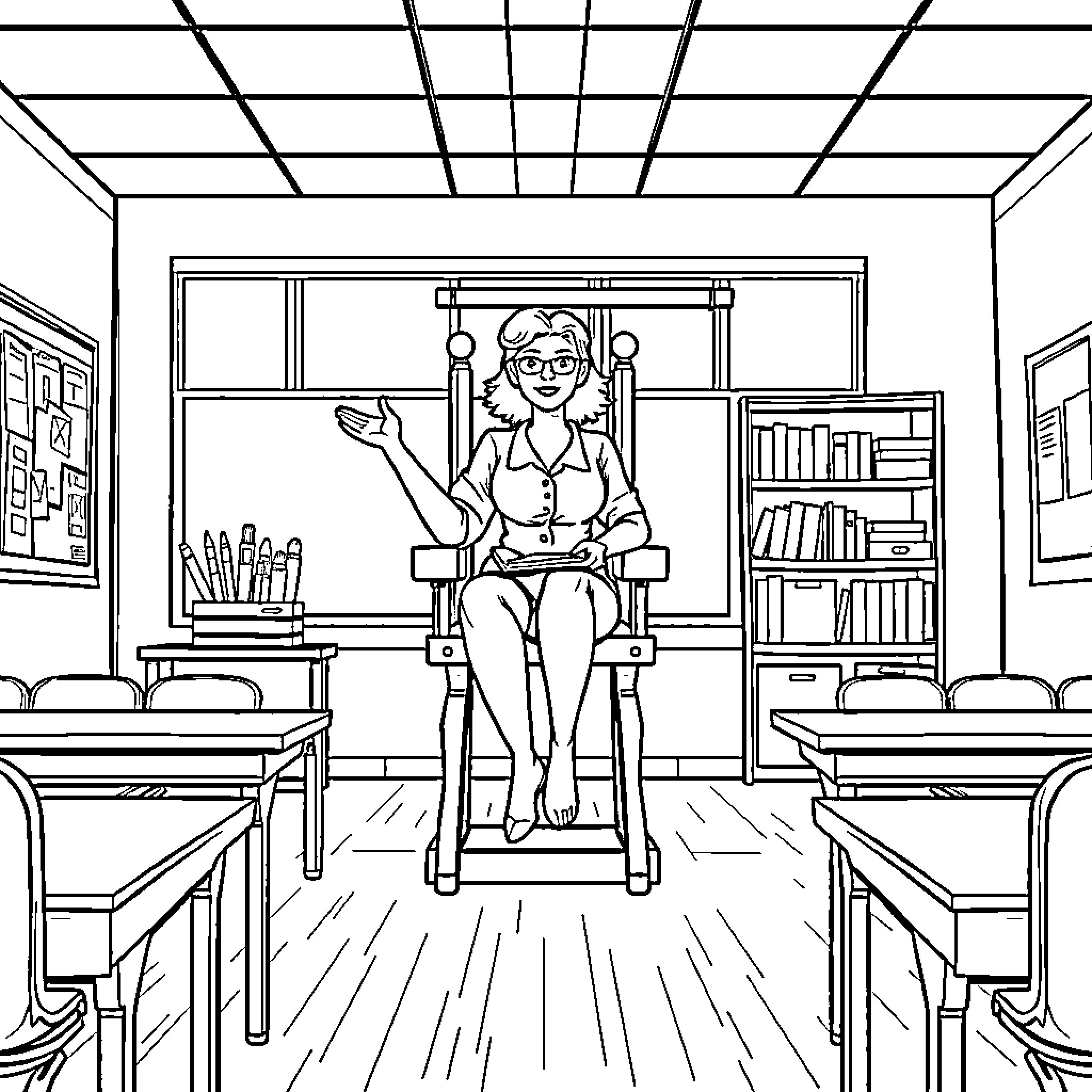 Teacher sitting in classroom at desk Coloring Page (free black-and-white line drawing printable PDF for all, from beginners to advanced learners, including children, teens, adults, and seniors)