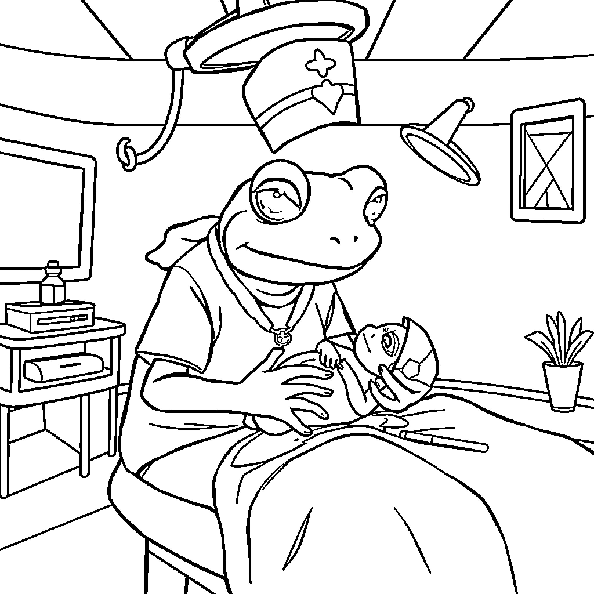 Frog in nurse's uniform examining patient Coloring Page (free black-and-white line drawing printable PDF for all, from beginners to advanced learners, including children, teens, adults, and seniors)
