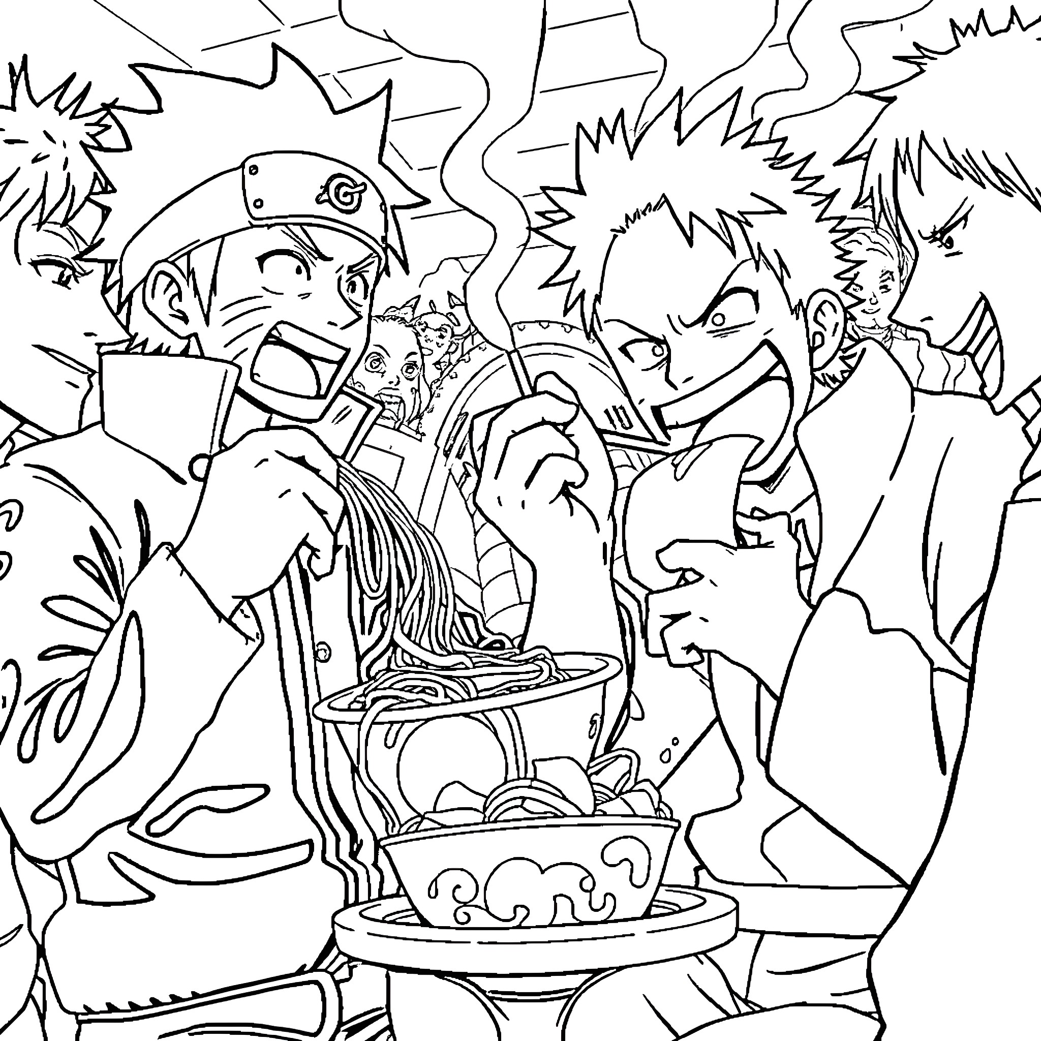 Naruto and Friends Enjoying Ramen Feast Coloring Page (free black-and-white line drawing printable PDF for all, from beginners to advanced learners, including children, teens, adults, and seniors)