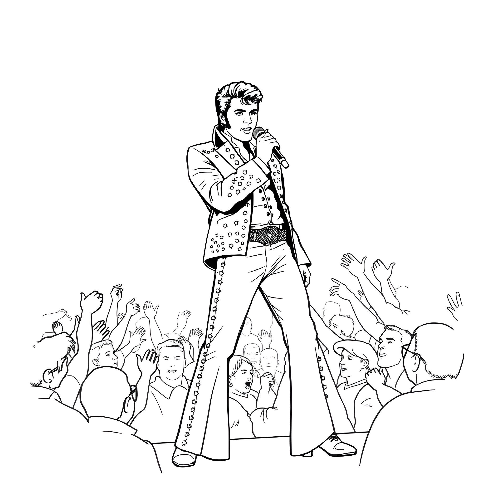 Elvis Presley captivating the crowd with his charismatic performance Coloring Page (free black-and-white line drawing printable PDF for all, from beginners to advanced learners, including children, teens, adults, and seniors)