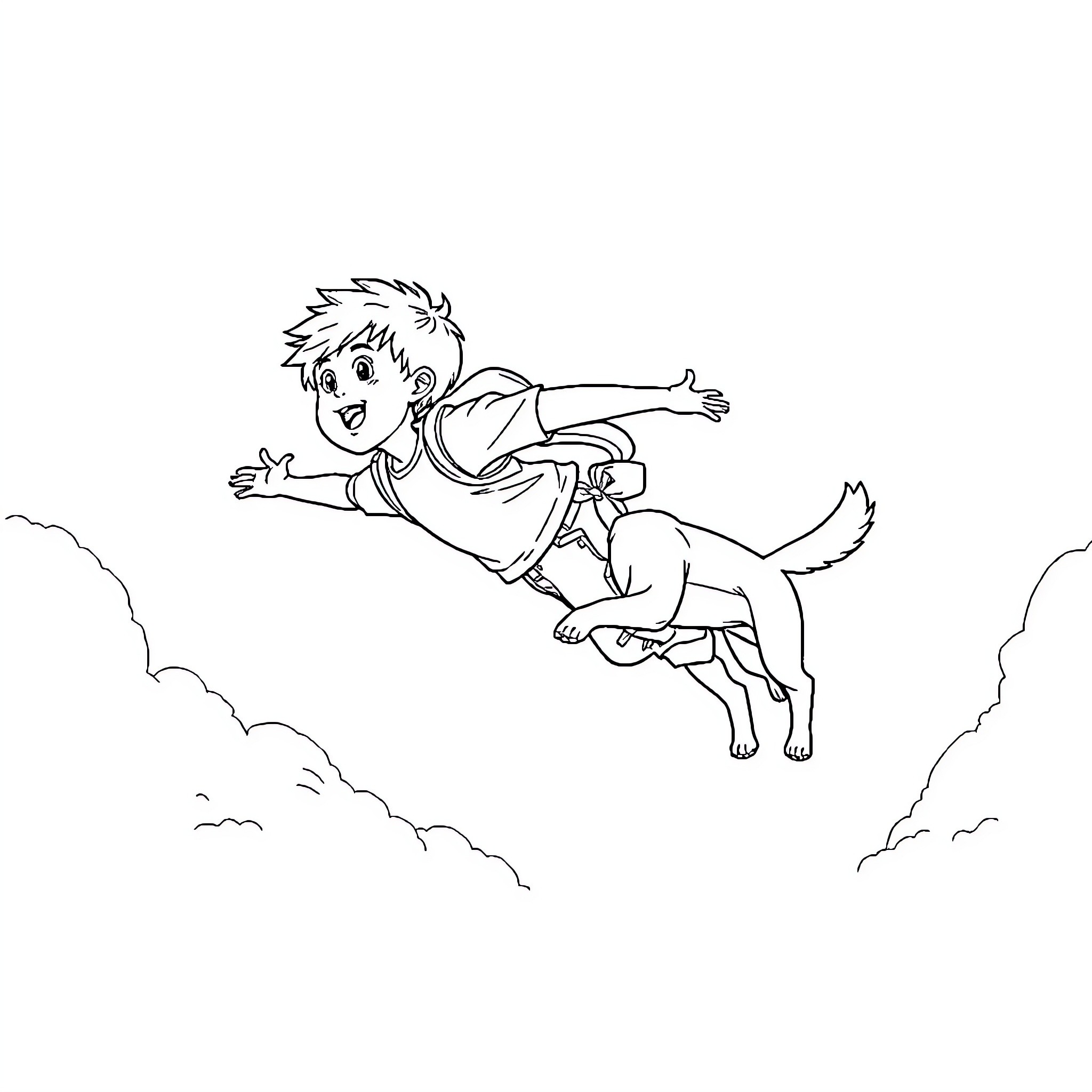 Boy soaring with pet dog in the sky Coloring Page (free black-and-white line drawing printable PDF for all, from beginners to advanced learners, including children, teens, adults, and seniors)