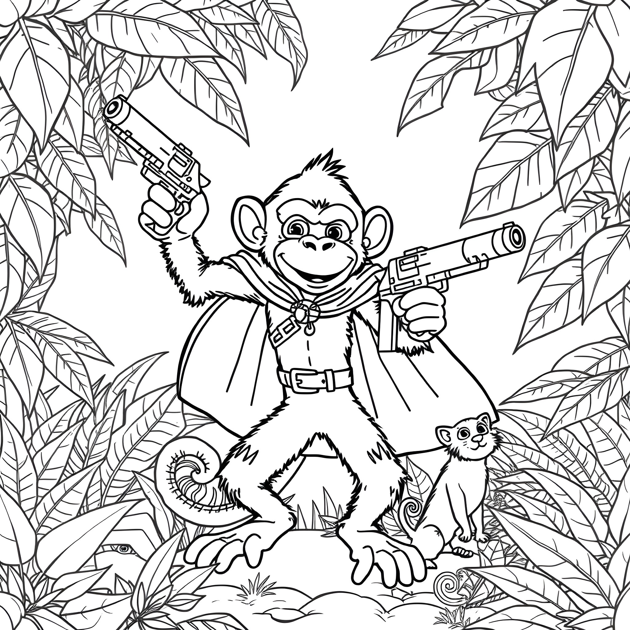Monkey Spy Mission in the Jungle Coloring Page (free black-and-white line drawing printable PDF for all, from beginners to advanced learners, including children, teens, adults, and seniors)