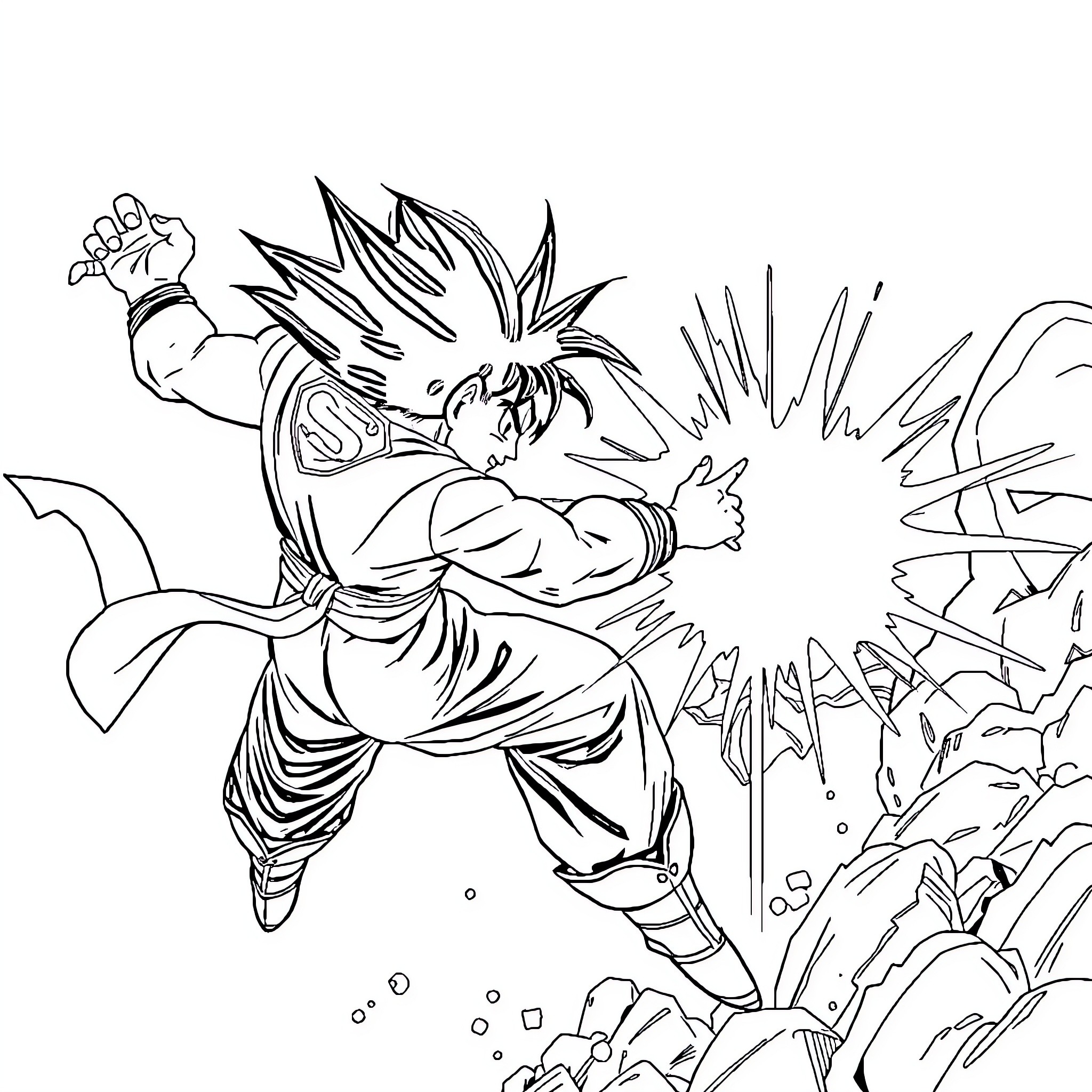 Goku unleashing a powerful energy attack Coloring Page (free black-and-white line drawing printable PDF for all, from beginners to advanced learners, including children, teens, adults, and seniors)