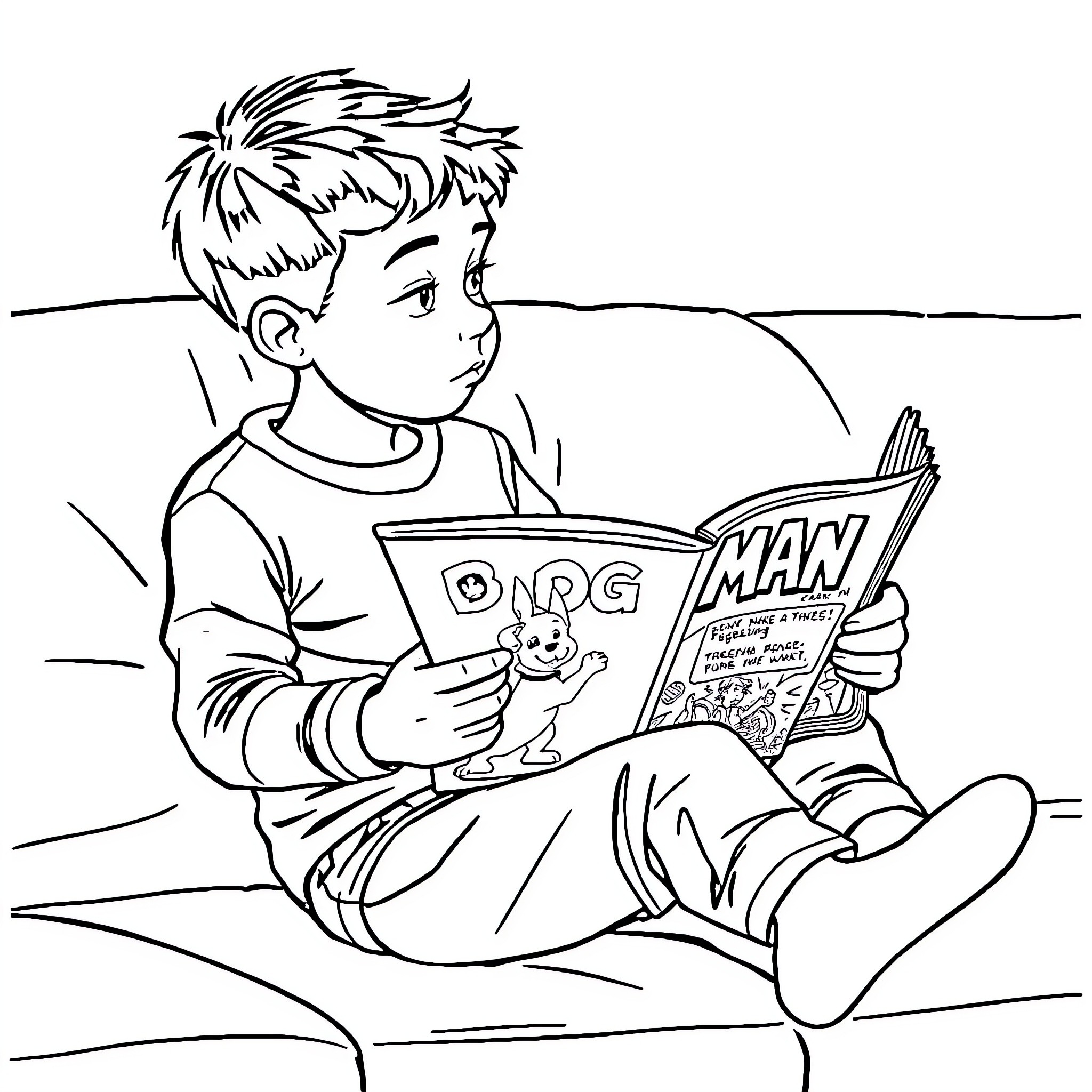 Boy reading a book with interest Coloring Page (free black-and-white line drawing printable PDF for all, from beginners to advanced learners, including children, teens, adults, and seniors)
