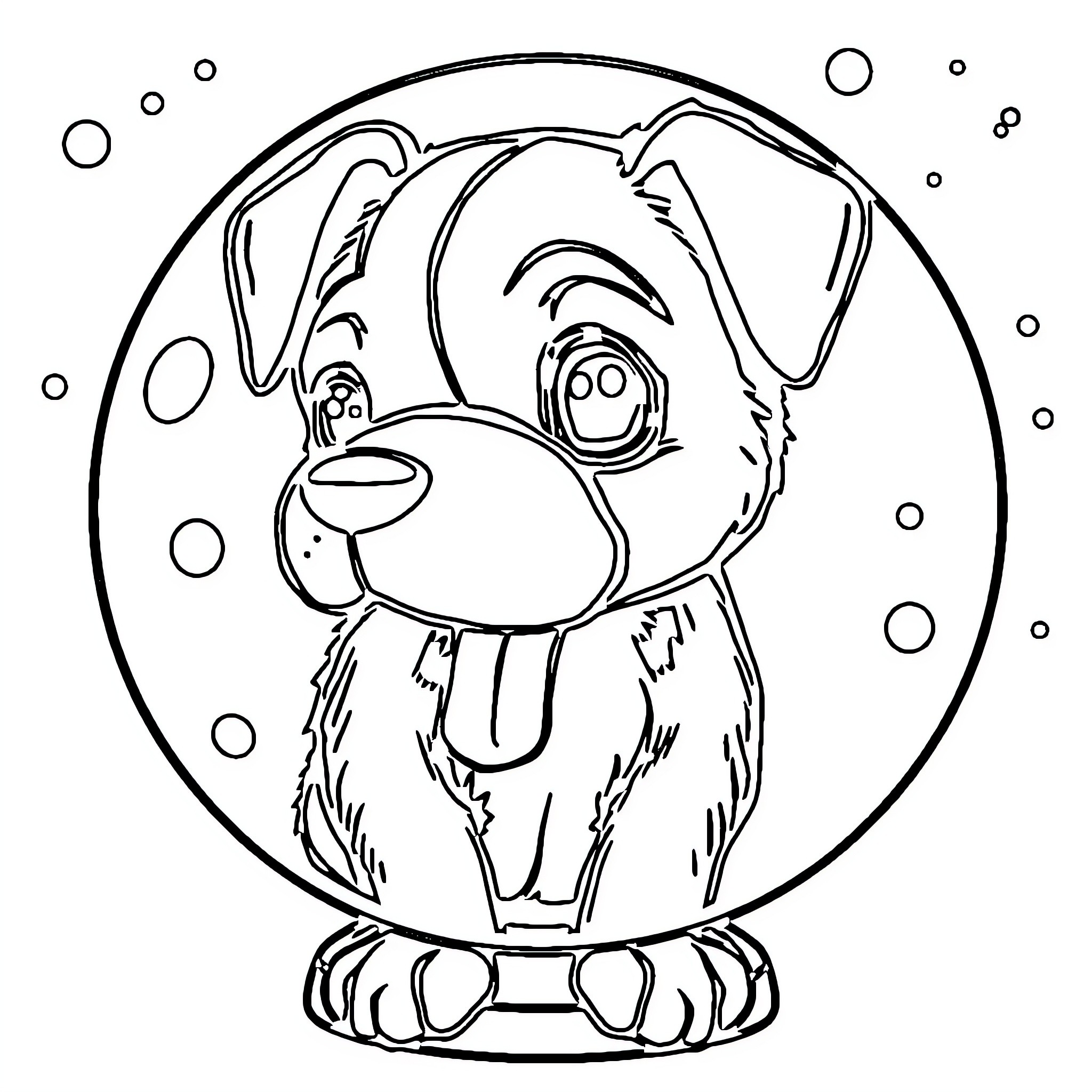Globe Puppy in a Whimsical Bubble Realm Coloring Page (free black-and-white line drawing printable PDF for all, from beginners to advanced learners, including children, teens, adults, and seniors)