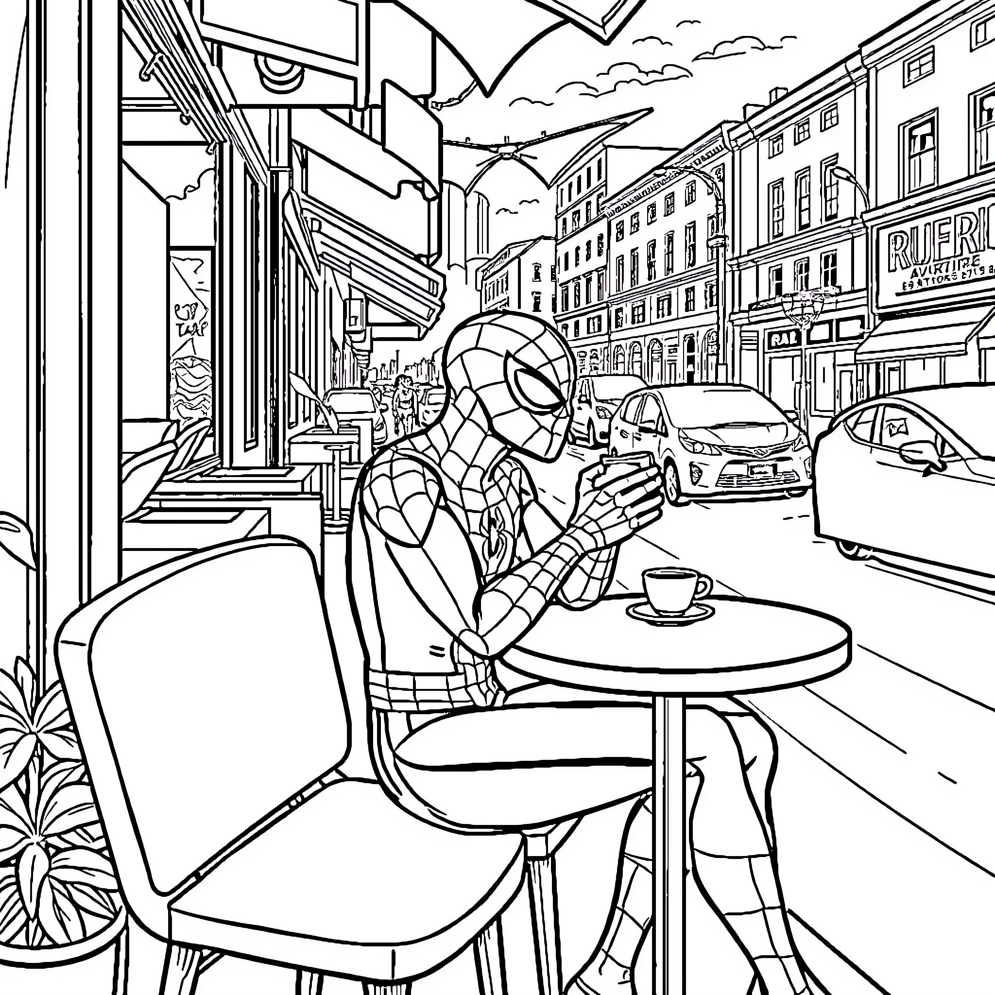 Spider-Man relaxing at a cafe in the city Coloring Page (free black-and-white line drawing printable PDF for all, from beginners to advanced learners, including children, teens, adults, and seniors)