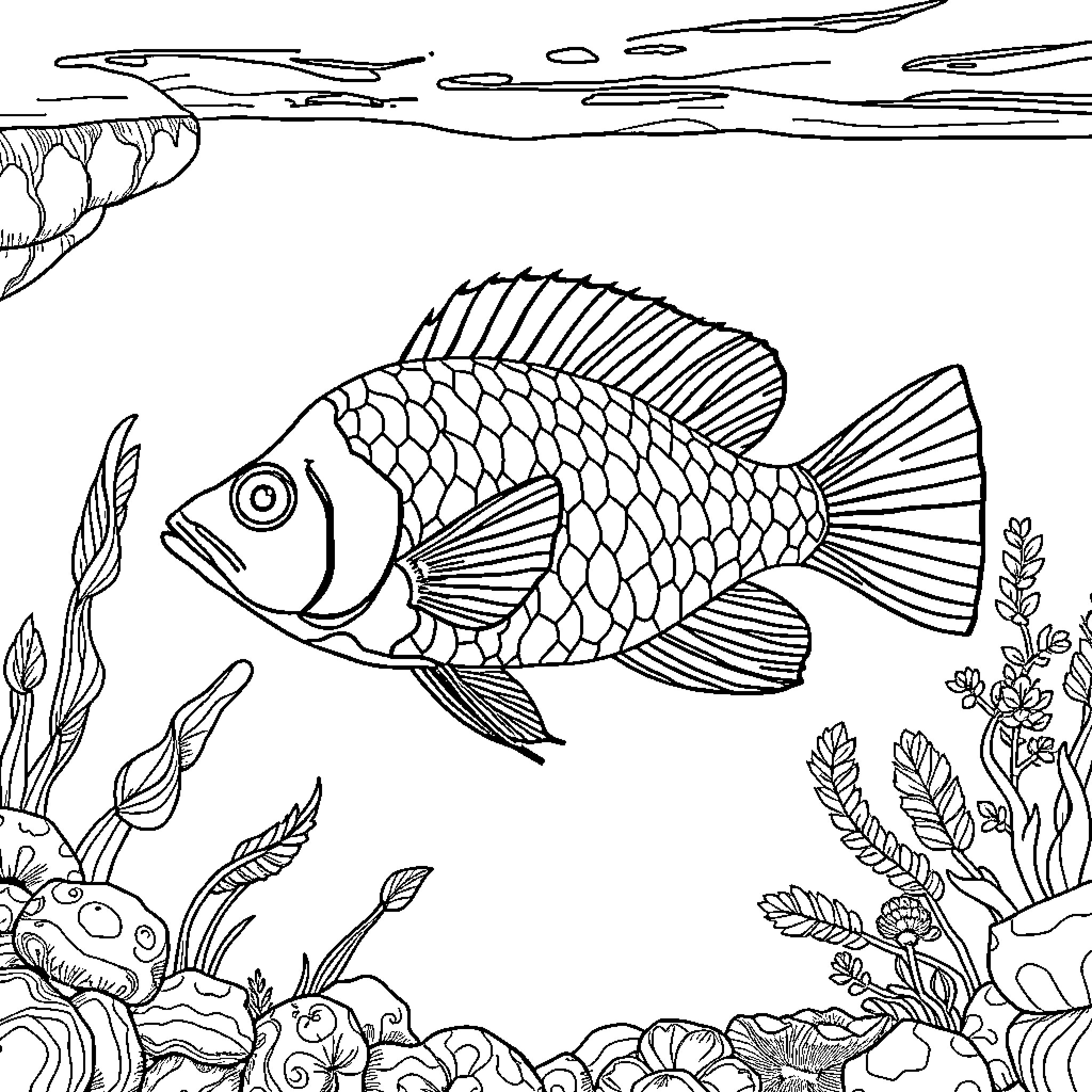 Hyphessobricon: Fish swimming in the underwater world Coloring Page (free black-and-white line drawing printable PDF for all, from beginners to advanced learners, including children, teens, adults, and seniors)