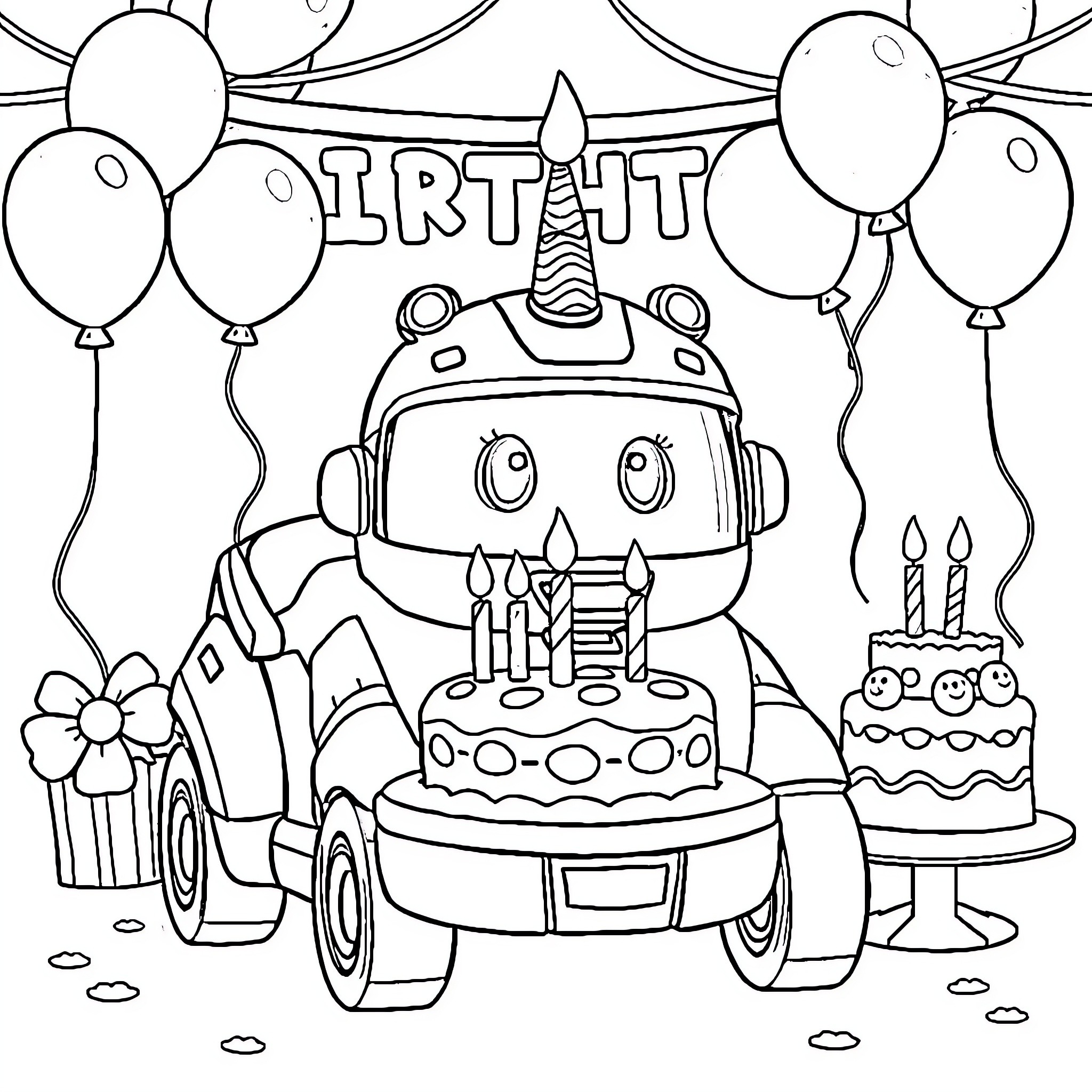 Robocar Poli's Birthday Celebration with Balloons and Cake Coloring Page (free black-and-white line drawing printable PDF for all, from beginners to advanced learners, including children, teens, adults, and seniors)