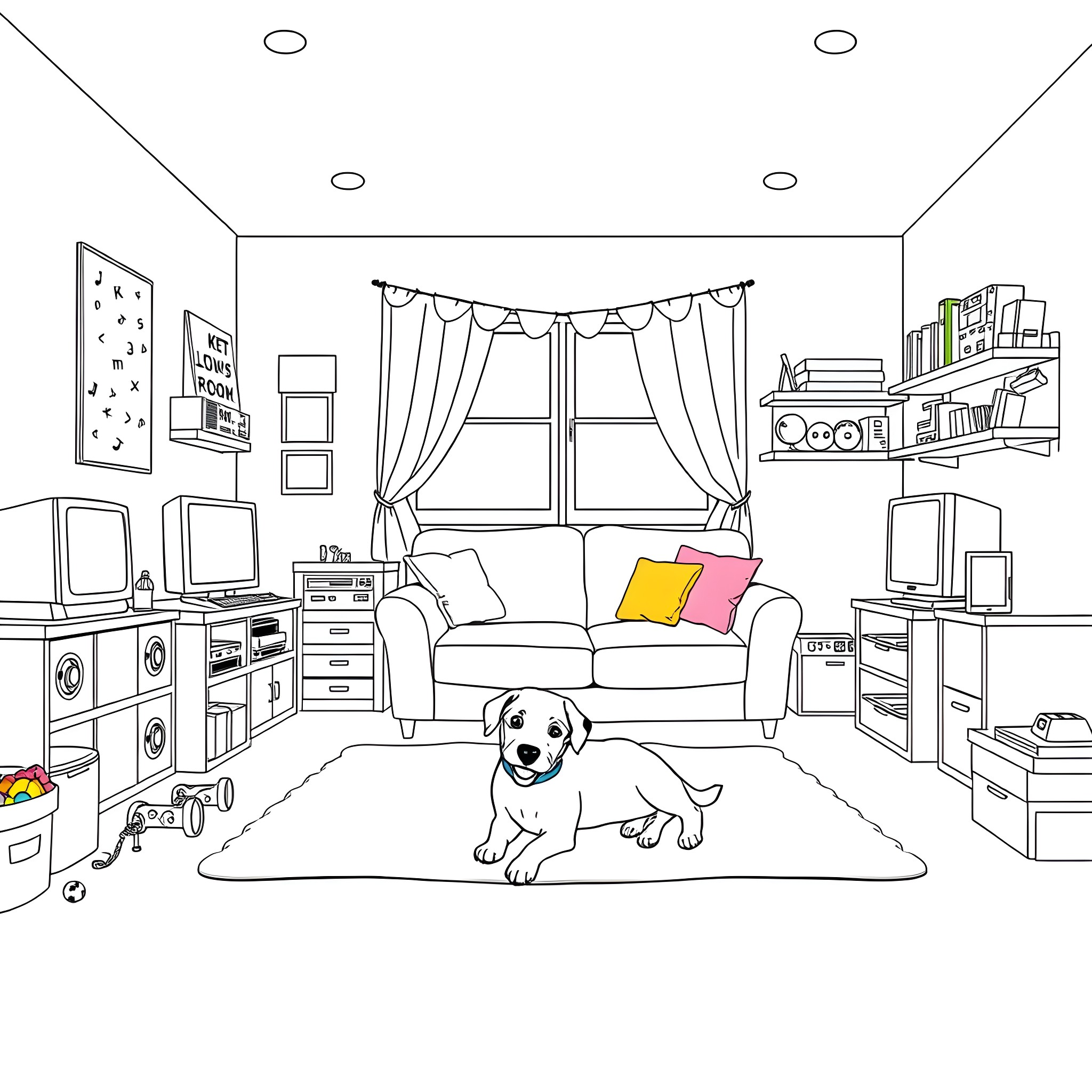 Dog playing happily in living room Coloring Page (free black-and-white line drawing printable PDF for all, from beginners to advanced learners, including children, teens, adults, and seniors)