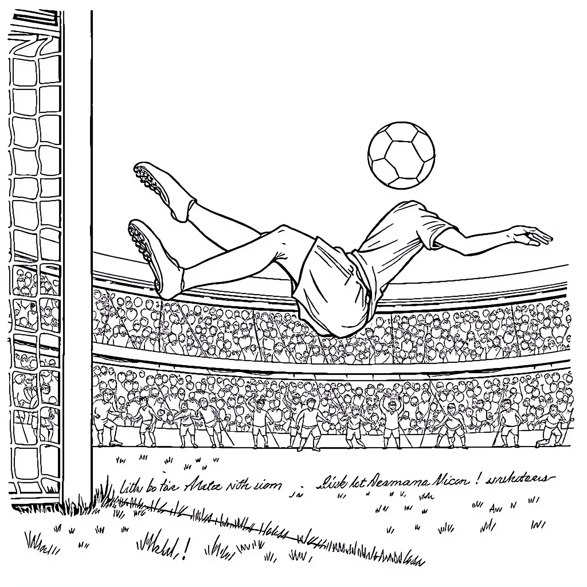 Football Player Scoring Acrobatic Goal in Stadium Coloring Page (free black-and-white line drawing printable PDF for all, from beginners to advanced learners, including children, teens, adults, and seniors)