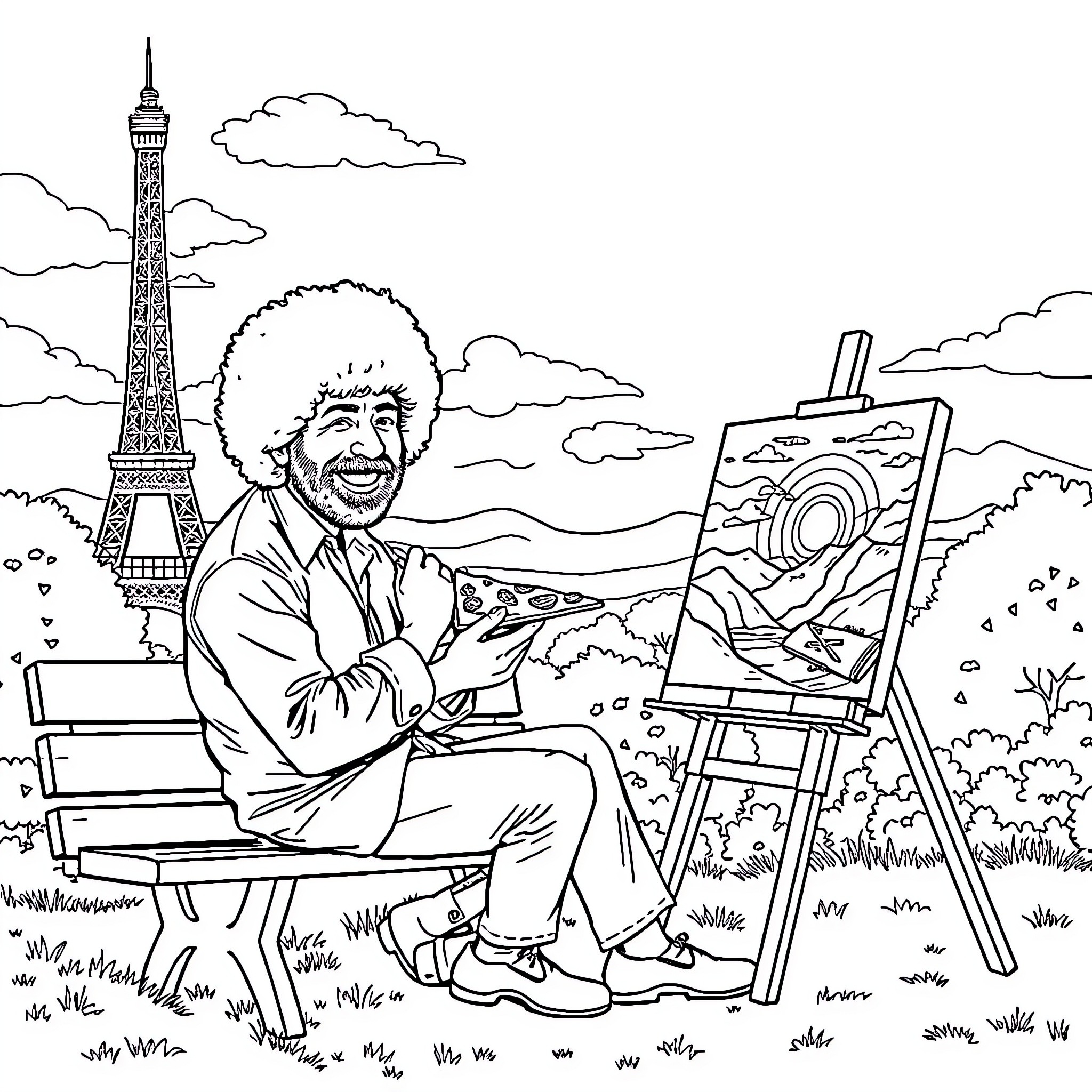 Bob Ross Painting Landscapes in Paris Coloring Page (free black-and-white line drawing printable PDF for all, from beginners to advanced learners, including children, teens, adults, and seniors)