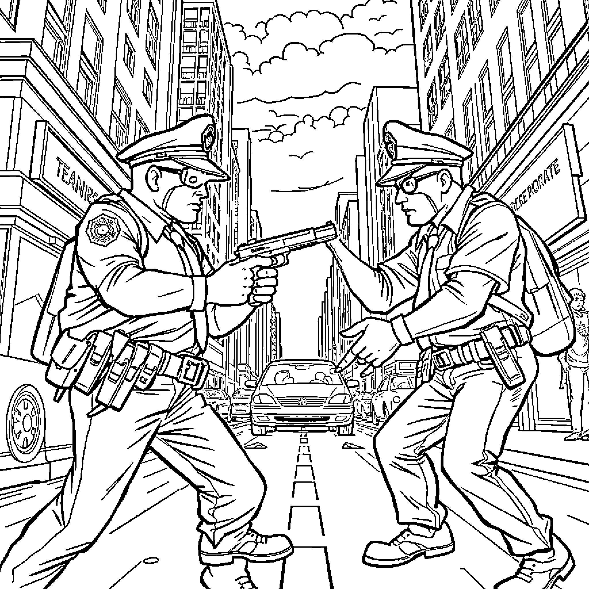 Cops in Confrontation on City Street Coloring Page (free black-and-white line drawing printable PDF for all, from beginners to advanced learners, including children, teens, adults, and seniors)