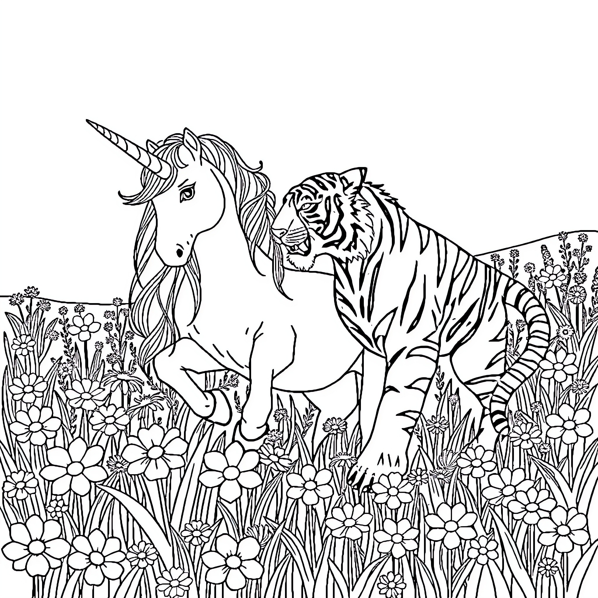 Unicorn and Tiger Encounter in Floral Field Coloring Page (free black-and-white line drawing printable PDF for all, from beginners to advanced learners, including children, teens, adults, and seniors)