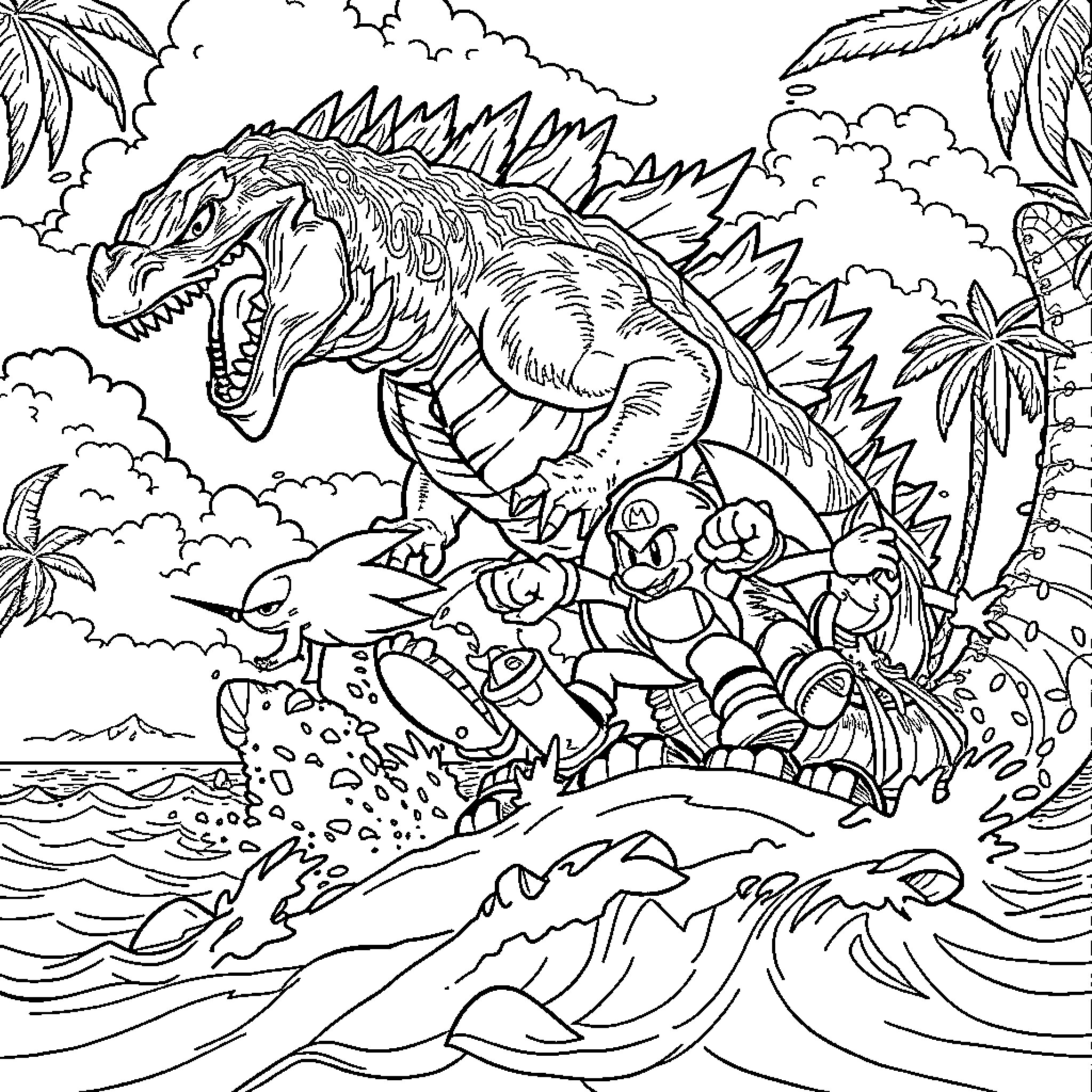 Godzilla battles creatures in tropical scene Coloring Page (free black-and-white line drawing printable PDF for all, from beginners to advanced learners, including children, teens, adults, and seniors)