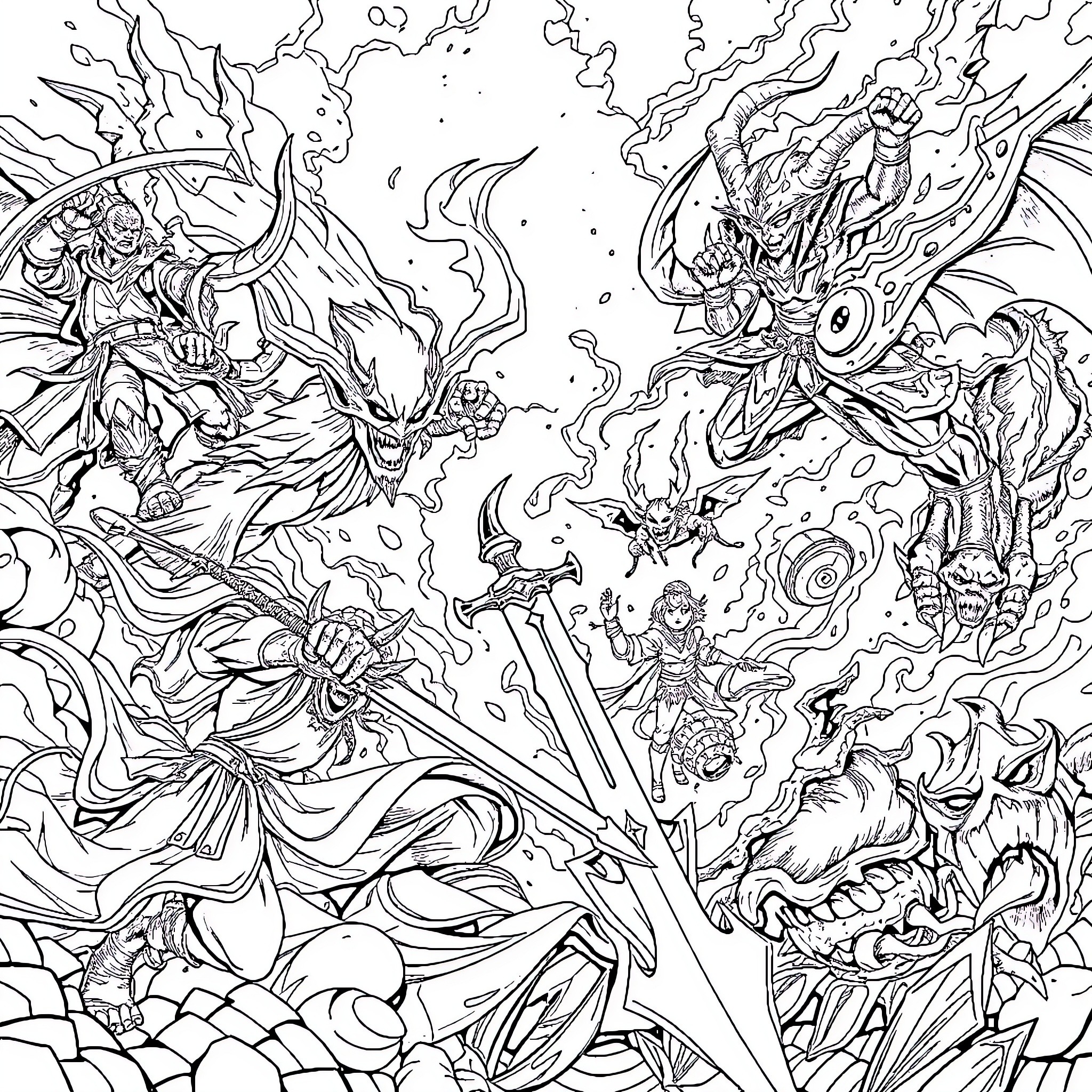 Demon Slayer Protagonist Battles Fierce Supernatural Foes Coloring Page (free black-and-white line drawing printable PDF for all, from beginners to advanced learners, including children, teens, adults, and seniors)