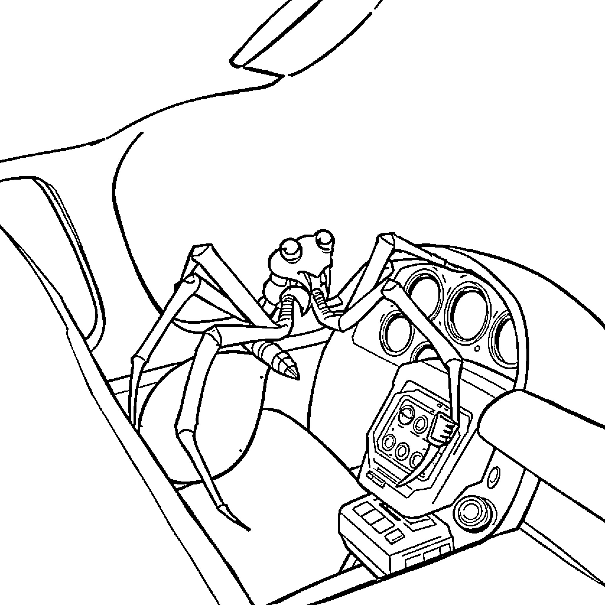 Spider in an unusual vehicle interior Coloring Page (free black-and-white line drawing printable PDF for all, from beginners to advanced learners, including children, teens, adults, and seniors)