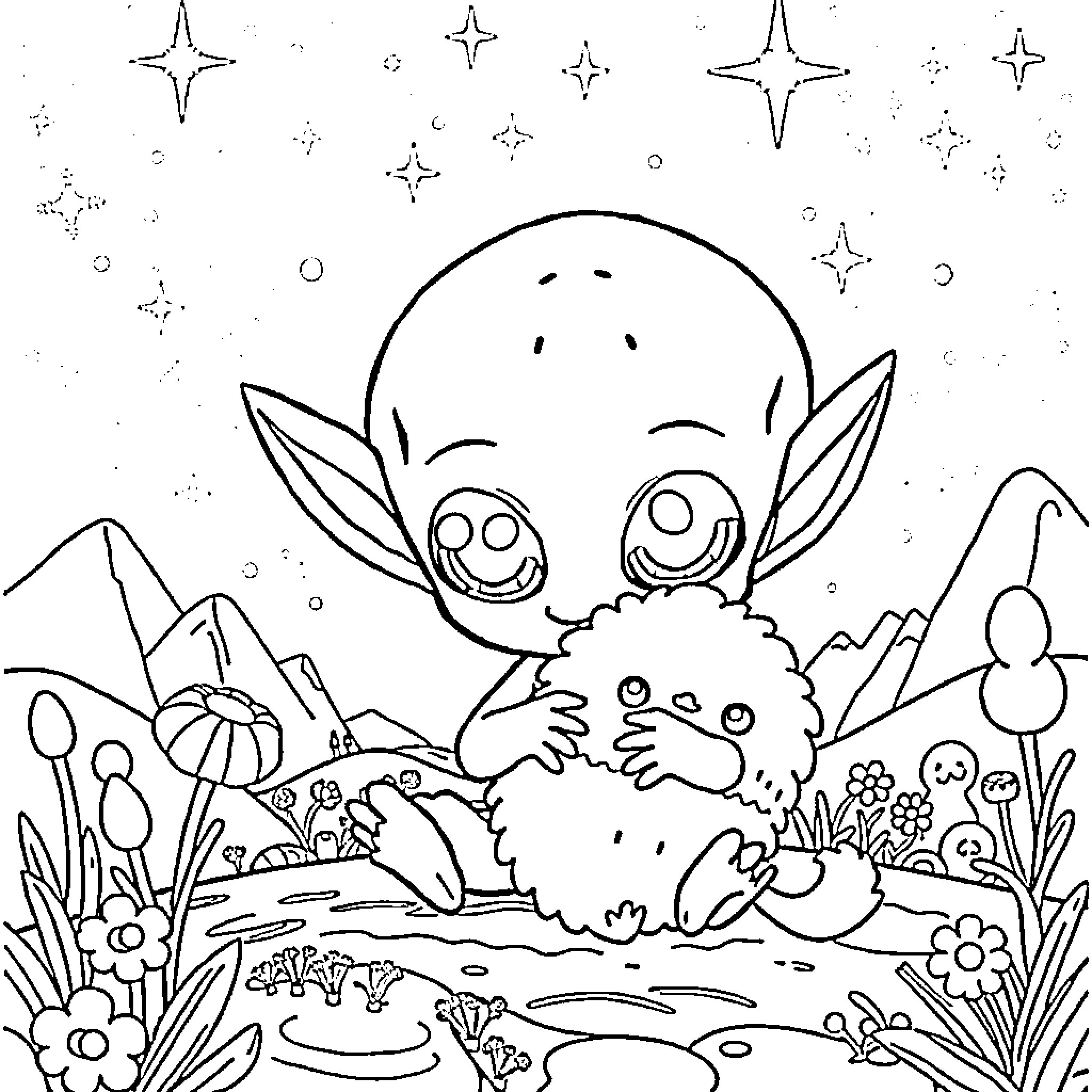 Alien creature exploring whimsical fantasy landscape Coloring Page (free black-and-white line drawing printable PDF for all, from beginners to advanced learners, including children, teens, adults, and seniors)