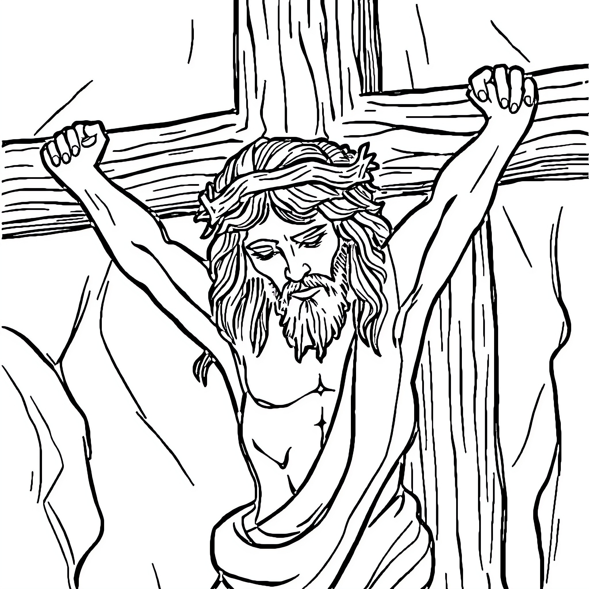 Jesus Crucified with Outstretched Arms Coloring Page (free black-and-white line drawing printable PDF for all, from beginners to advanced learners, including children, teens, adults, and seniors)