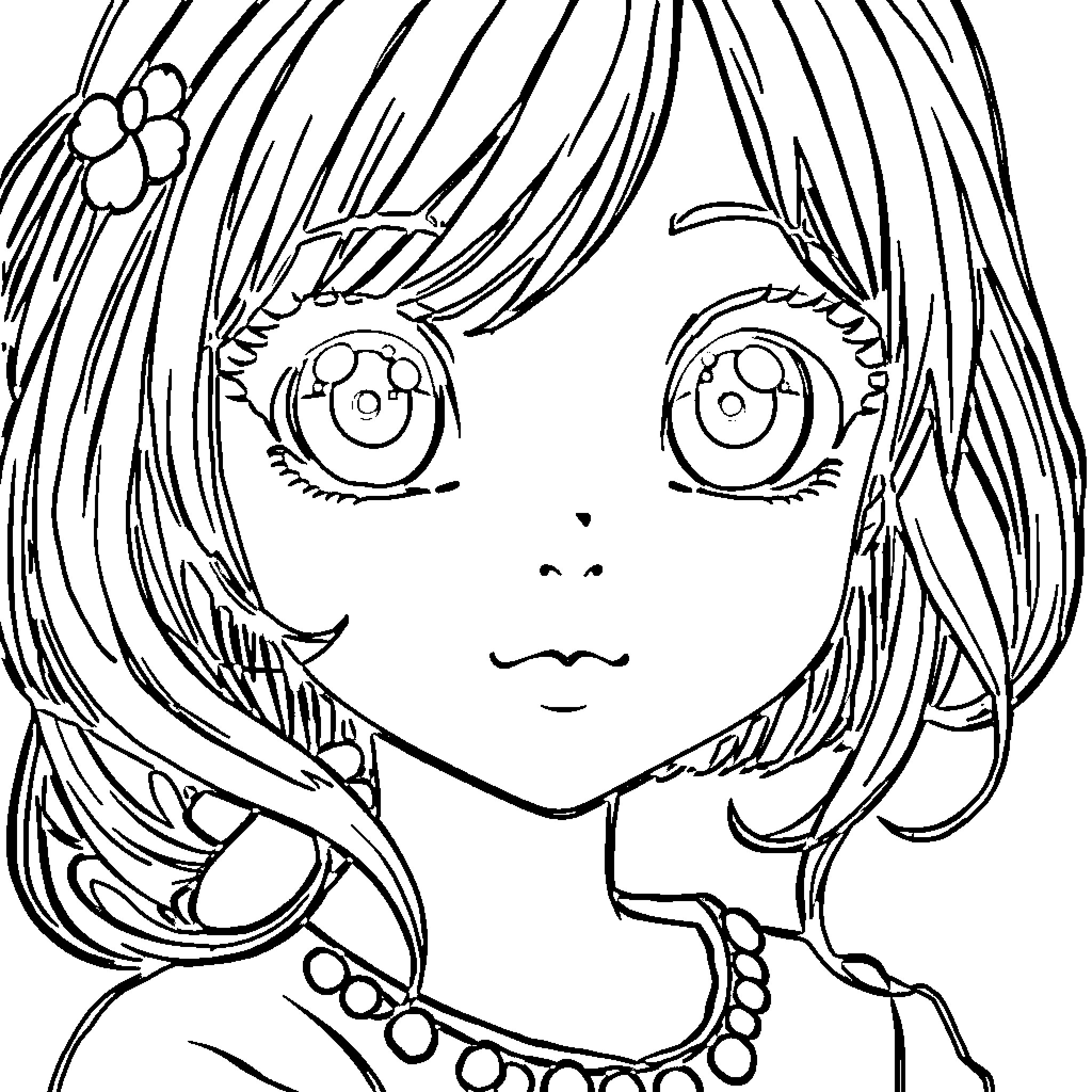 Anime Girl with Floral Accessories Coloring Page (free black-and-white line drawing printable PDF for all, from beginners to advanced learners, including children, teens, adults, and seniors)