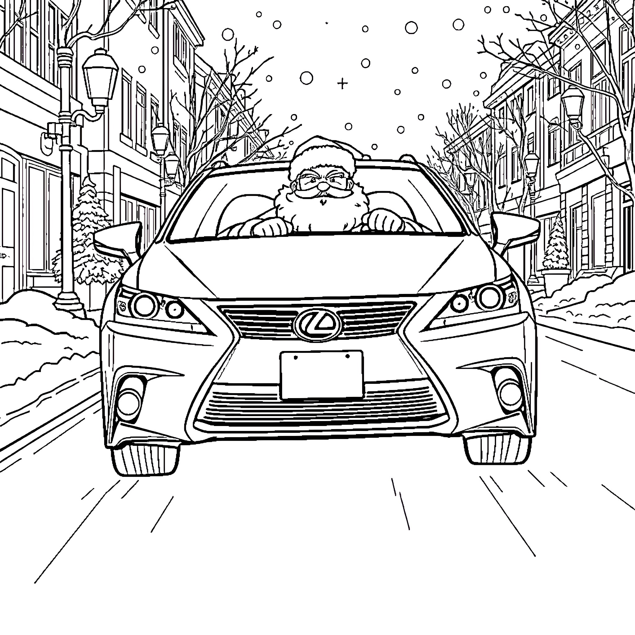 Santa driving a car through a snowy city Coloring Page (free black-and-white line drawing printable PDF for all, from beginners to advanced learners, including children, teens, adults, and seniors)