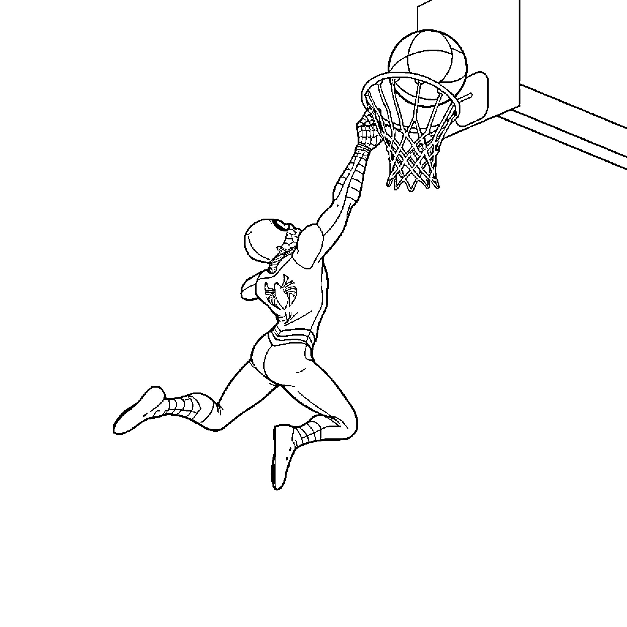 Spiderman dunking a basketball through the hoop Coloring Page (free black-and-white line drawing printable PDF for all, from beginners to advanced learners, including children, teens, adults, and seniors)
