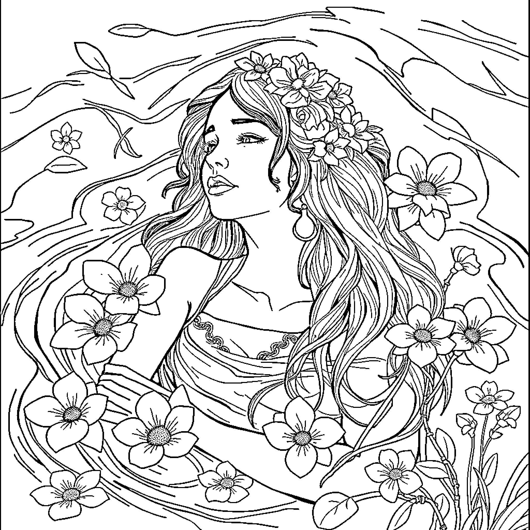 Ophelia among the flowers and nature Coloring Page (free black-and-white line drawing printable PDF for all, from beginners to advanced learners, including children, teens, adults, and seniors)