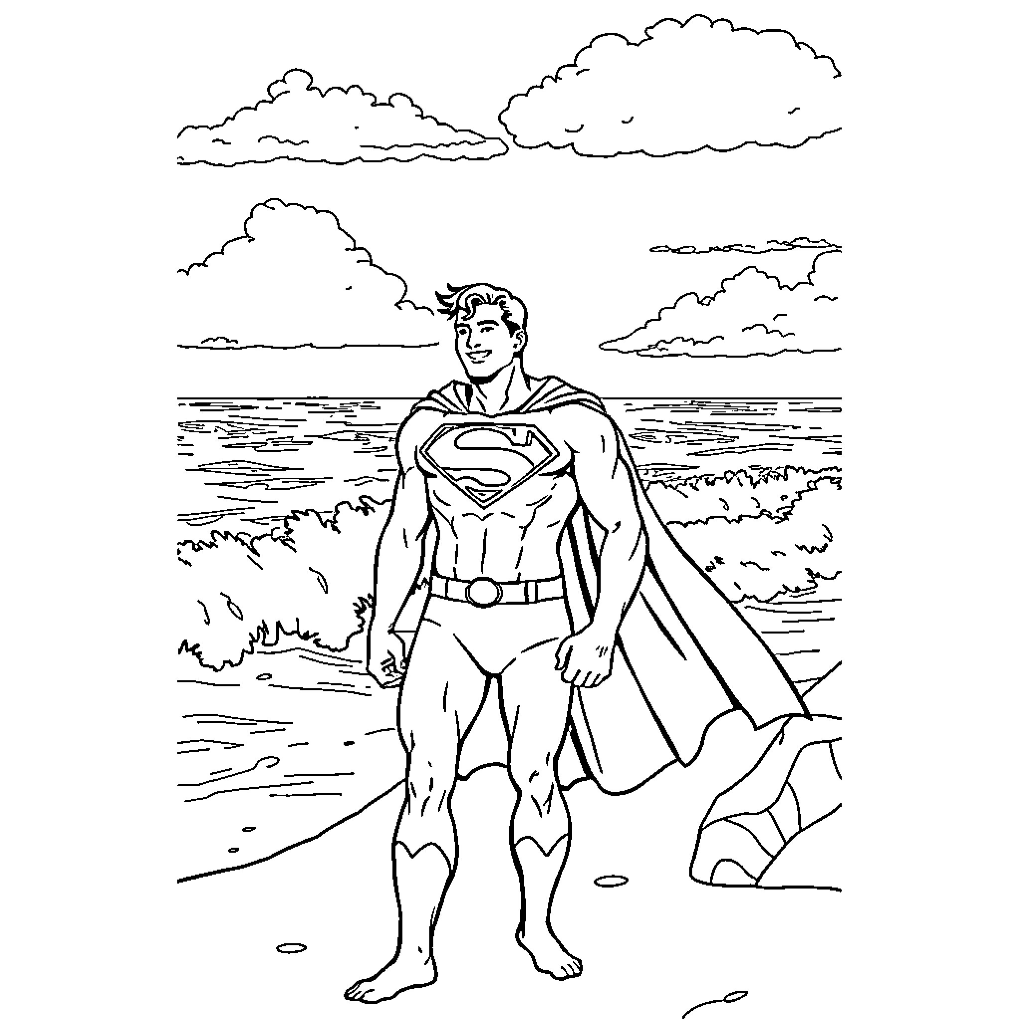 Superman standing tall on the beach Coloring Page (free black-and-white line drawing printable PDF for all, from beginners to advanced learners, including children, teens, adults, and seniors)