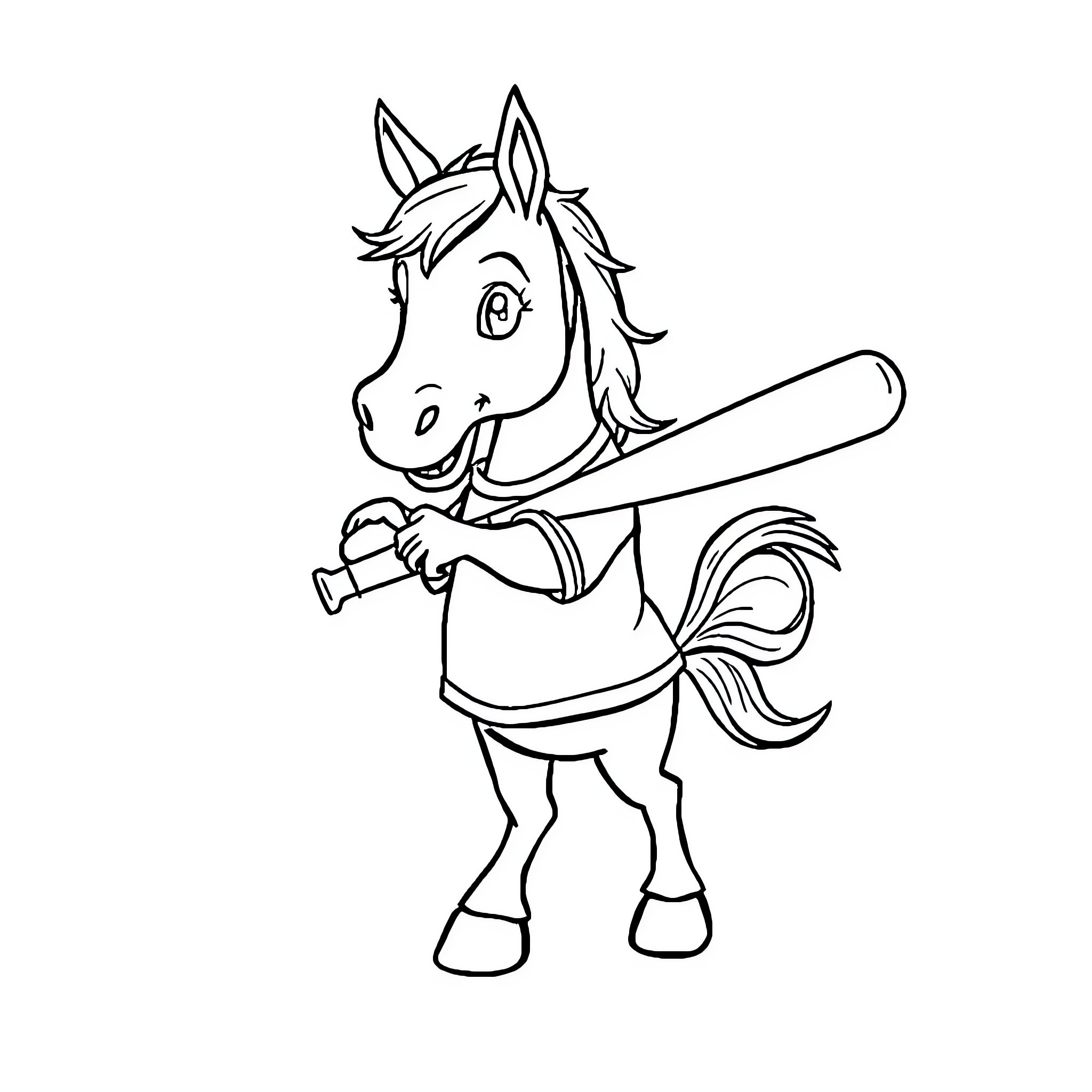 Horse playing baseball with a bat Coloring Page (free black-and-white line drawing printable PDF for all, from beginners to advanced learners, including children, teens, adults, and seniors)