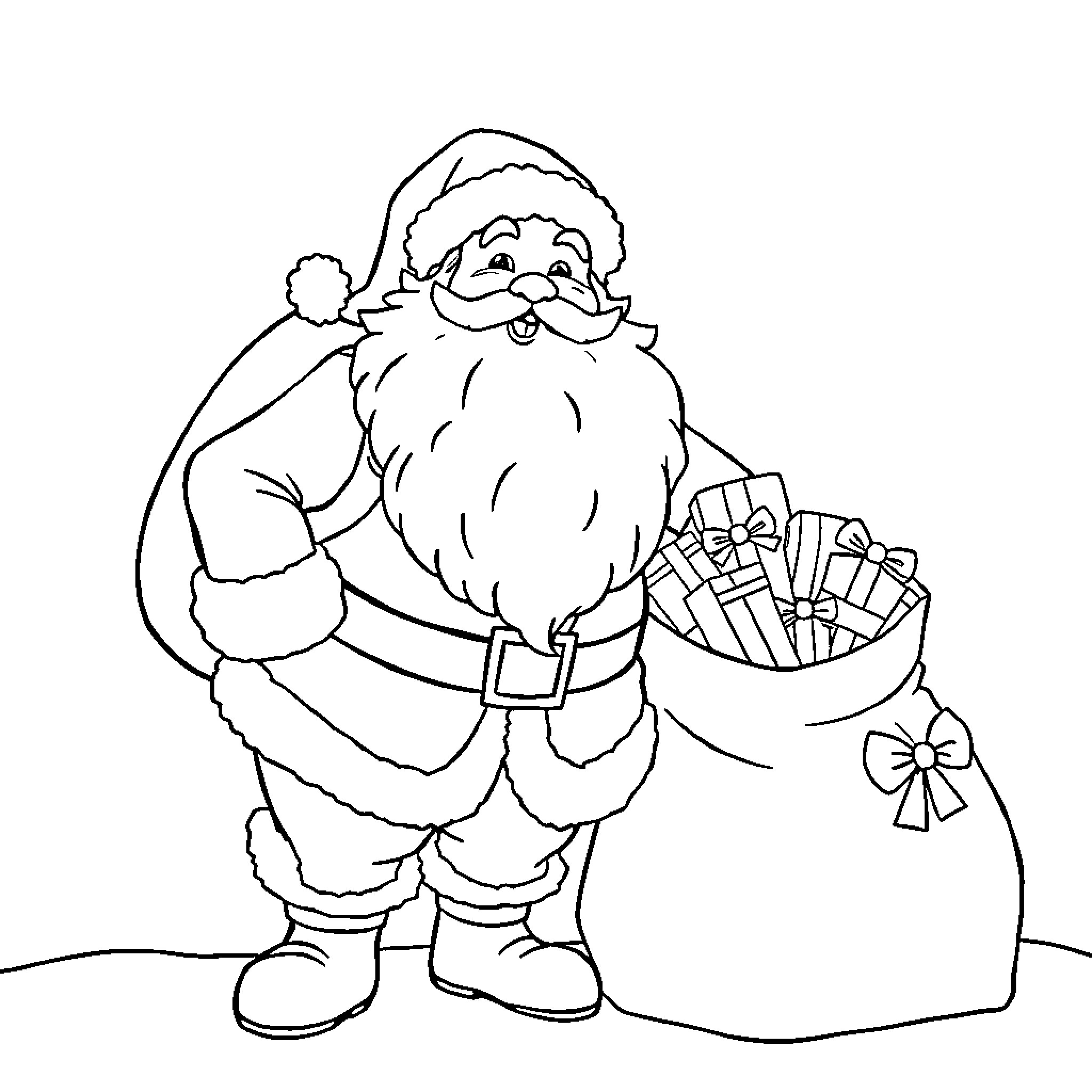 Santa Claus carrying gifts in a sack Coloring Page (free black-and-white line drawing printable PDF for all, from beginners to advanced learners, including children, teens, adults, and seniors)